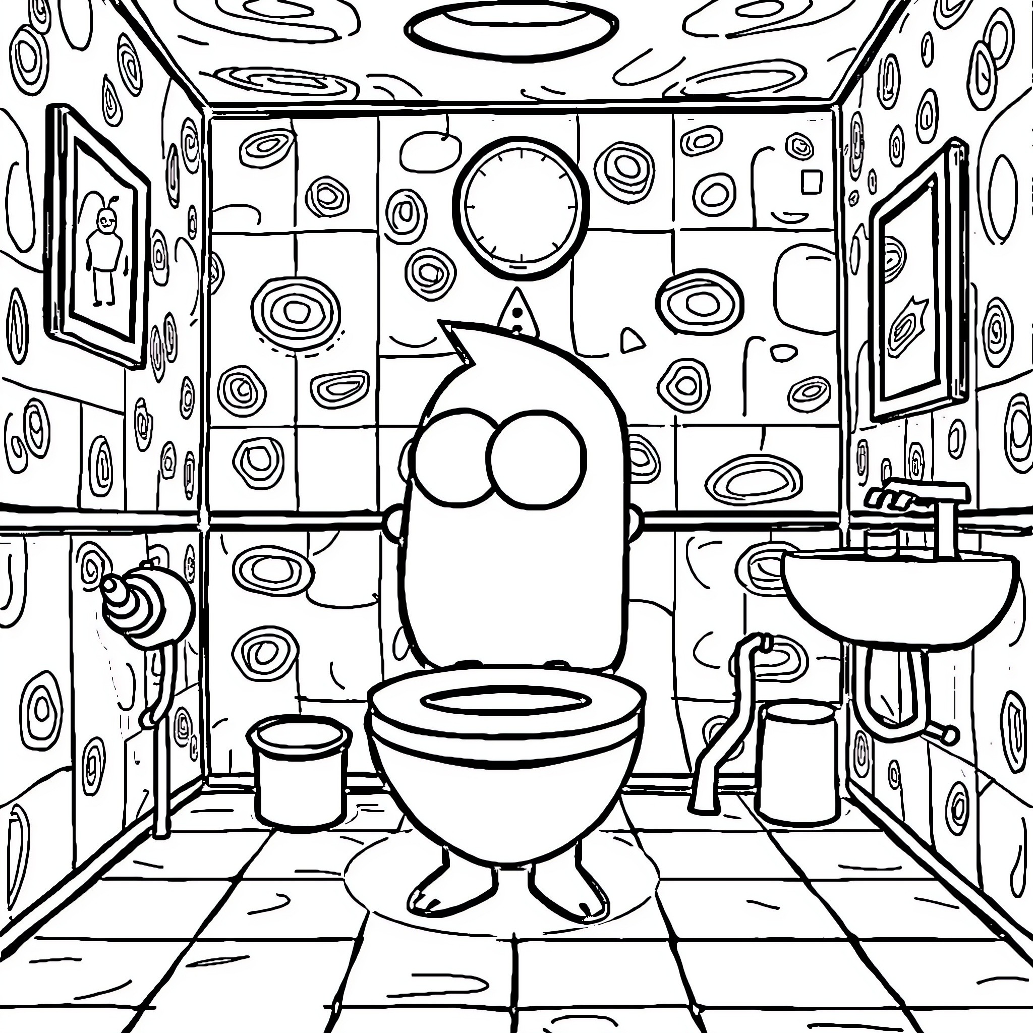 Character in Whimsical Bathroom Scene Coloring Page (free black-and-white line drawing printable PDF for all, from beginners to advanced learners, including children, teens, adults, and seniors)