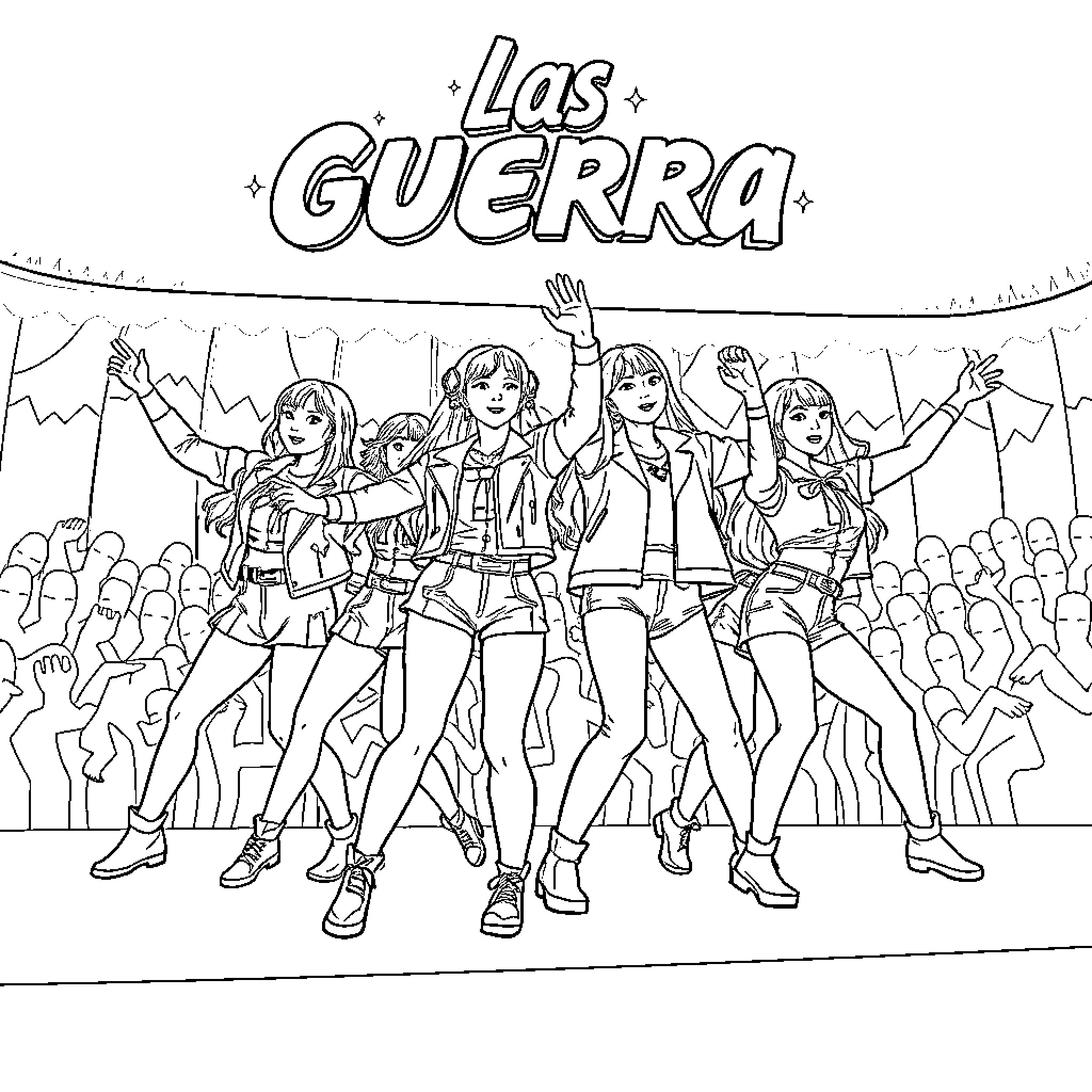 K Pop Performers Celebrating On Stage Coloring Page (free black-and-white line drawing printable PDF for all, from beginners to advanced learners, including children, teens, adults, and seniors)