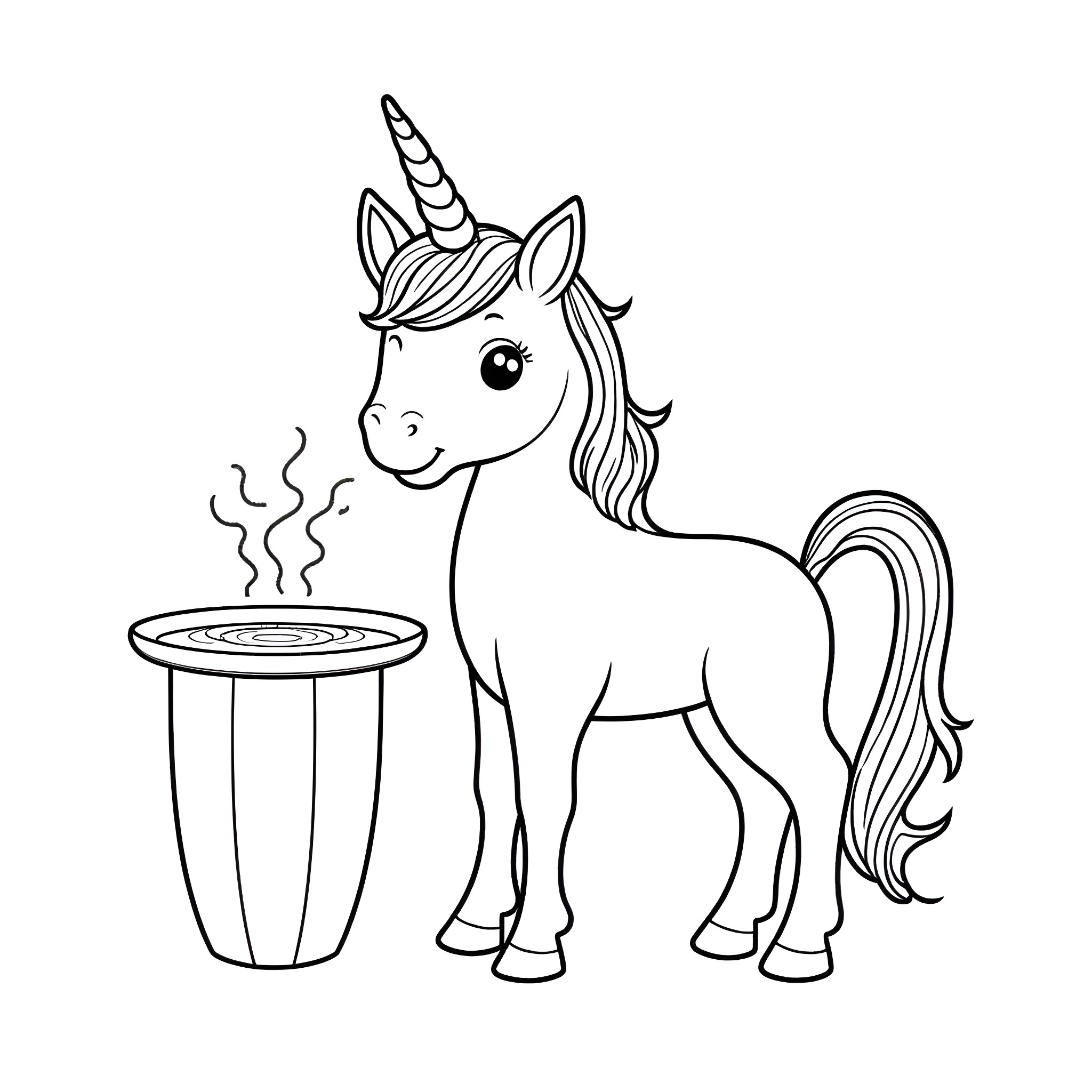 Unicorn Enjoying a Warm Beverage Coloring Page (free black-and-white line drawing printable PDF for all, from beginners to advanced learners, including children, teens, adults, and seniors)