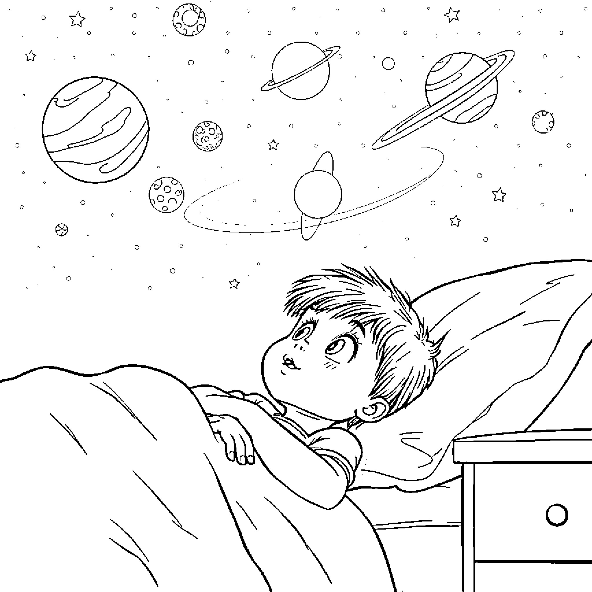 Kid gazes at the starry night sky Coloring Page (free black-and-white line drawing printable PDF for all, from beginners to advanced learners, including children, teens, adults, and seniors)
