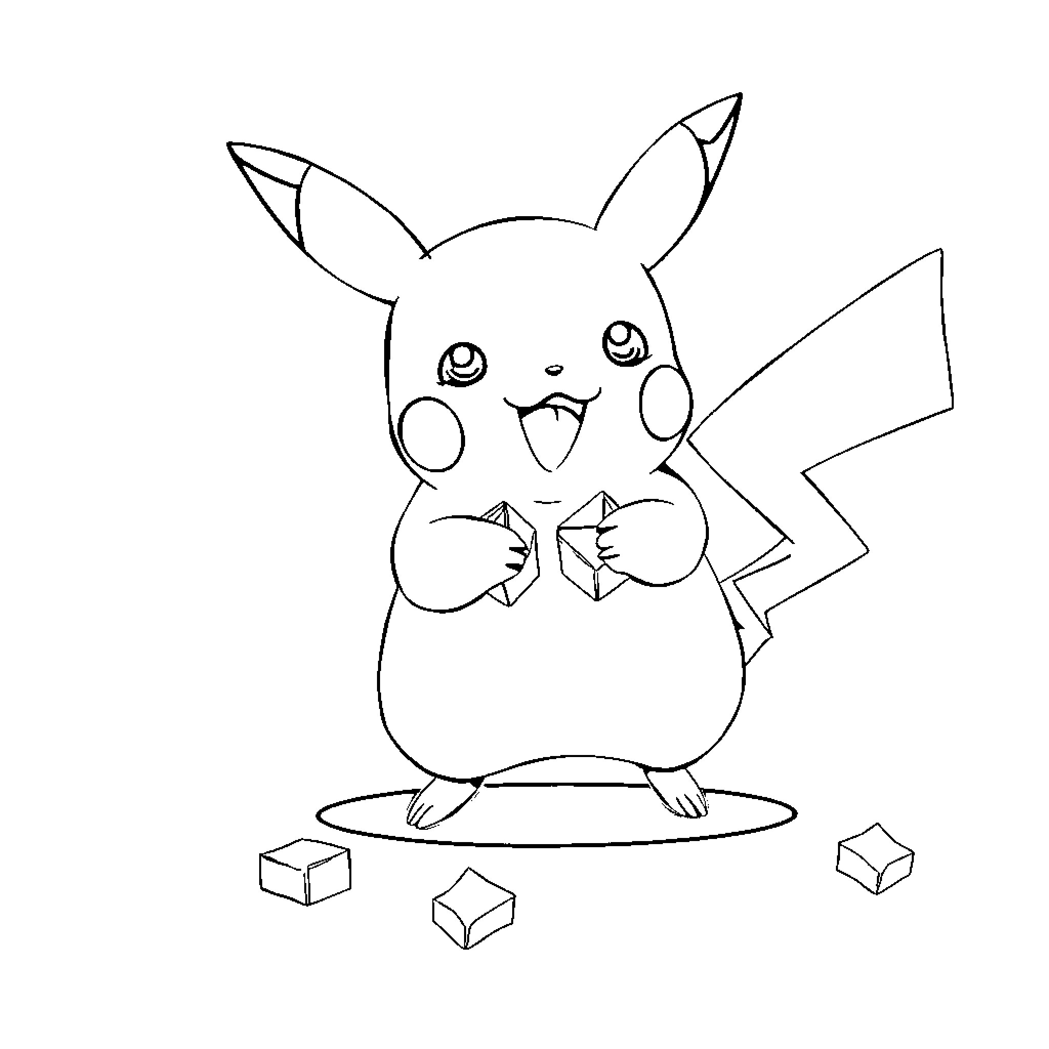 Pikachu playing with cubes happily Coloring Page (free black-and-white line drawing printable PDF for all, from beginners to advanced learners, including children, teens, adults, and seniors)