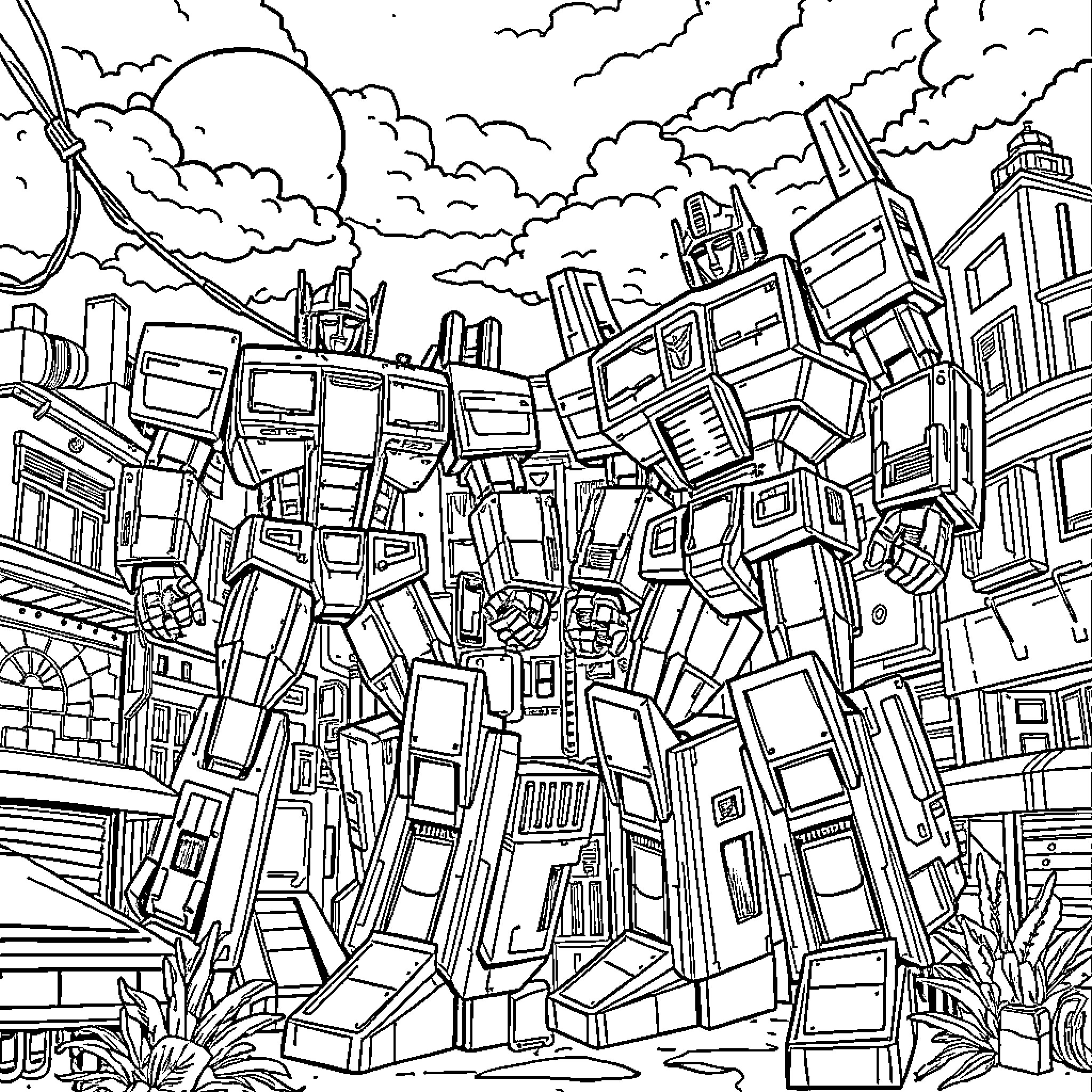 Transformer city landscape with towering buildings Coloring Page (free black-and-white line drawing printable PDF for all, from beginners to advanced learners, including children, teens, adults, and seniors)