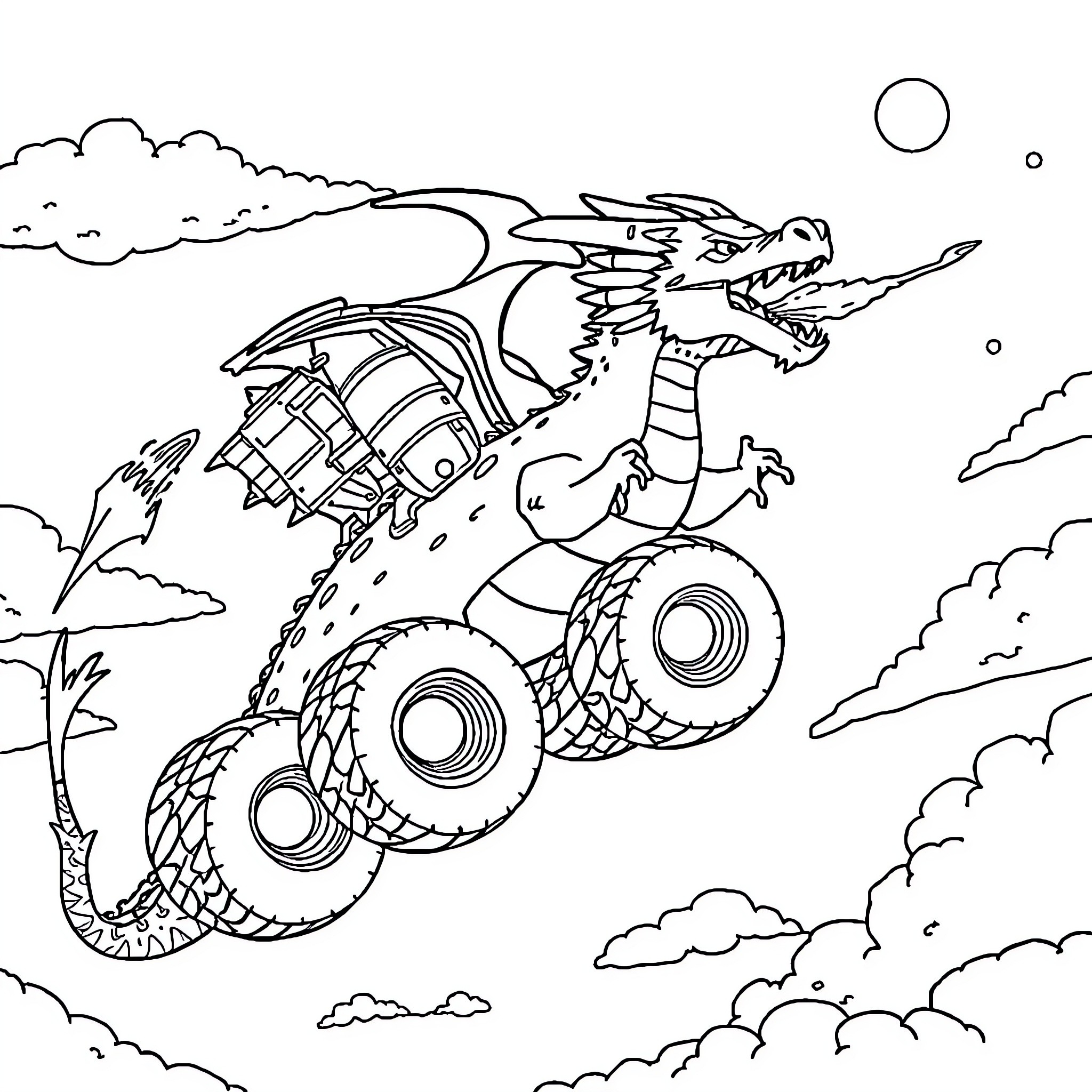 Dragon riding a monstrous vehicle in the sky Coloring Page (free black-and-white line drawing printable PDF for all, from beginners to advanced learners, including children, teens, adults, and seniors)