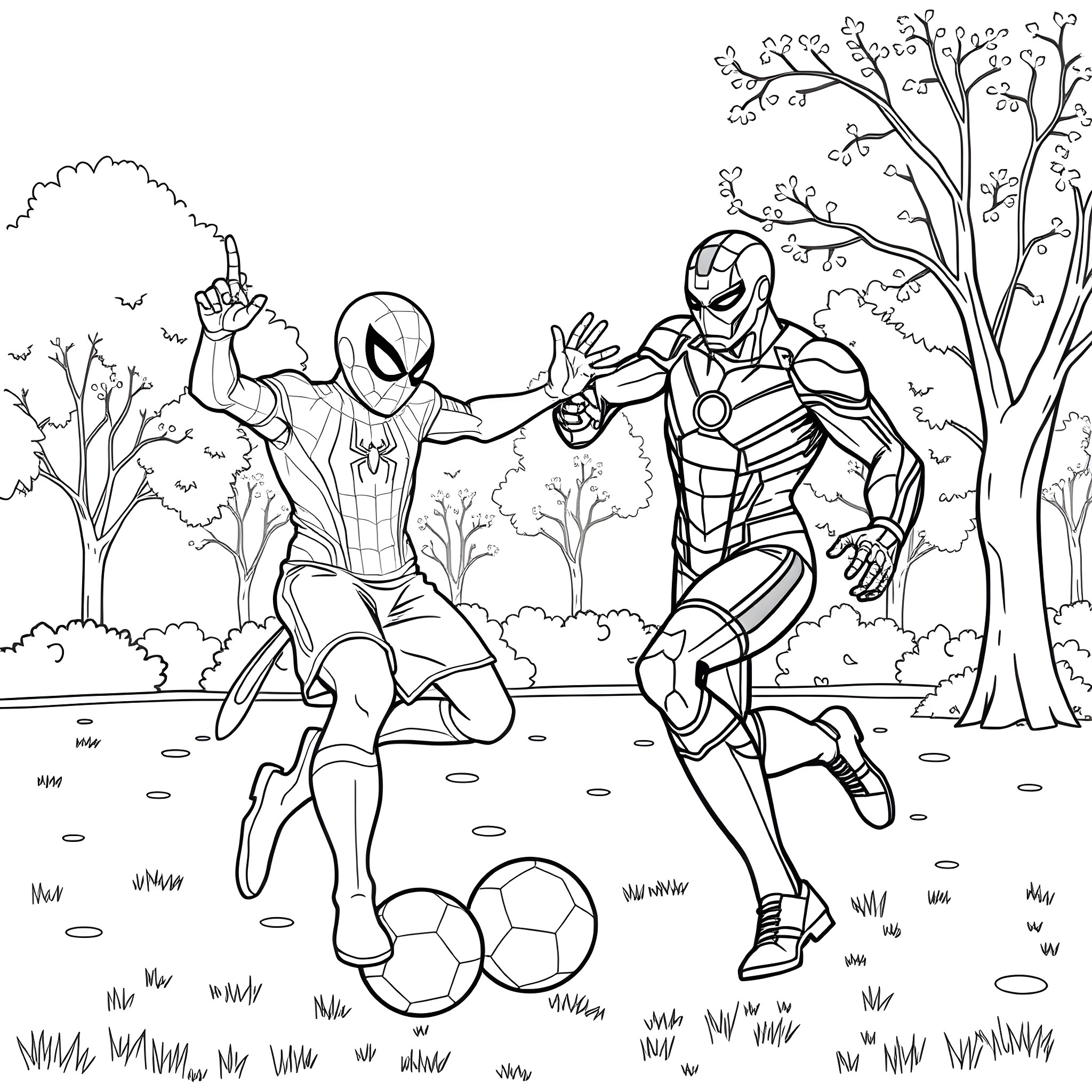 Spiderman and Iron Man playing soccer in the park Coloring Page (free black-and-white line drawing printable PDF for all, from beginners to advanced learners, including children, teens, adults, and seniors)