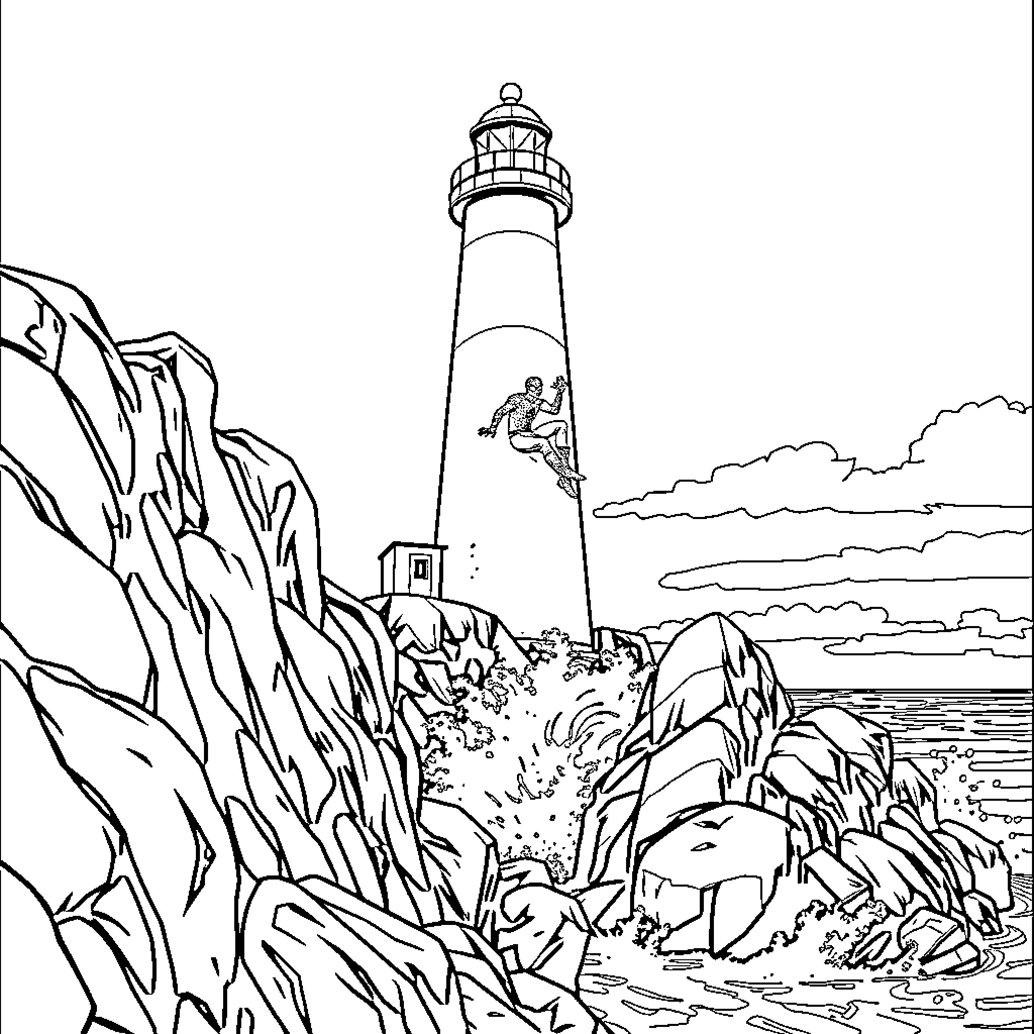 Spiderman scaling a rocky lighthouse by the sea Coloring Page (free black-and-white line drawing printable PDF for all, from beginners to advanced learners, including children, teens, adults, and seniors)