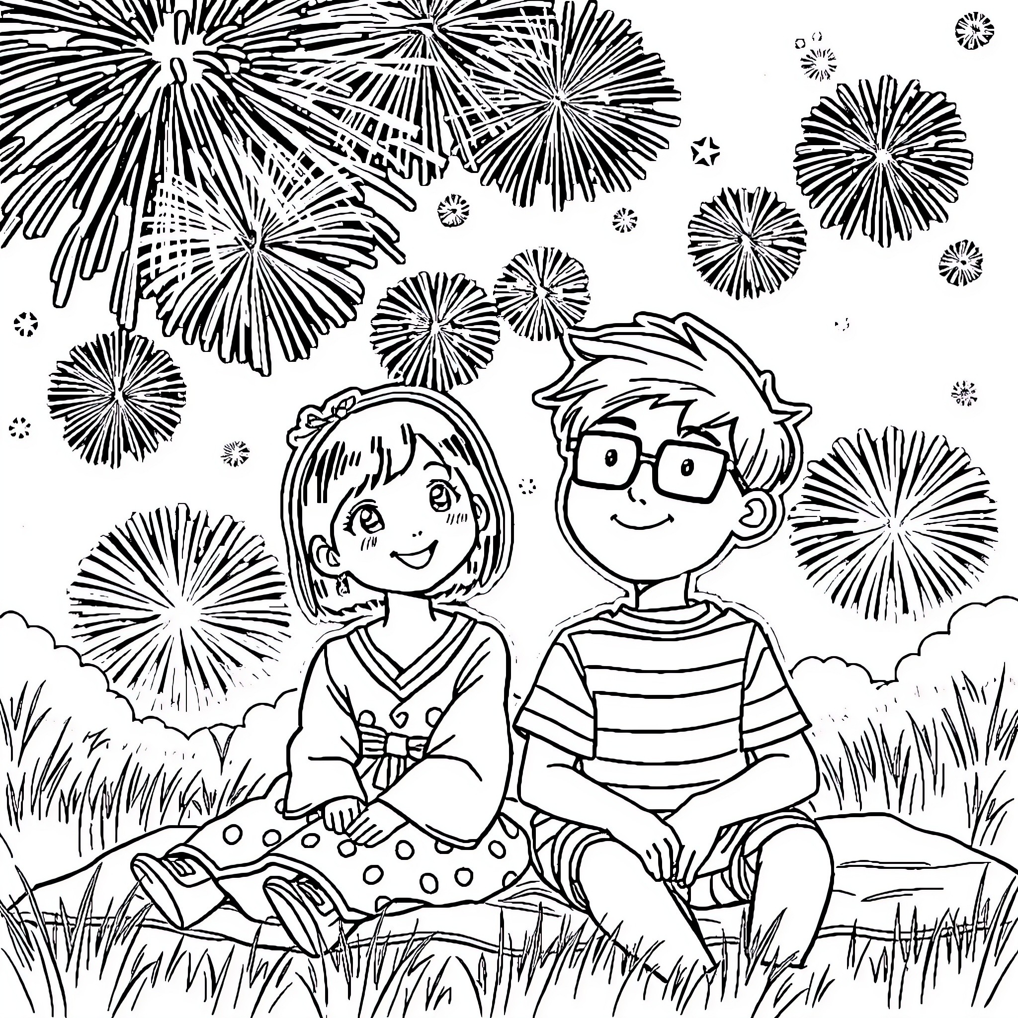 Girl and Boy Watching Fireworks in the Park Coloring Page (free black-and-white line drawing printable PDF for all, from beginners to advanced learners, including children, teens, adults, and seniors)