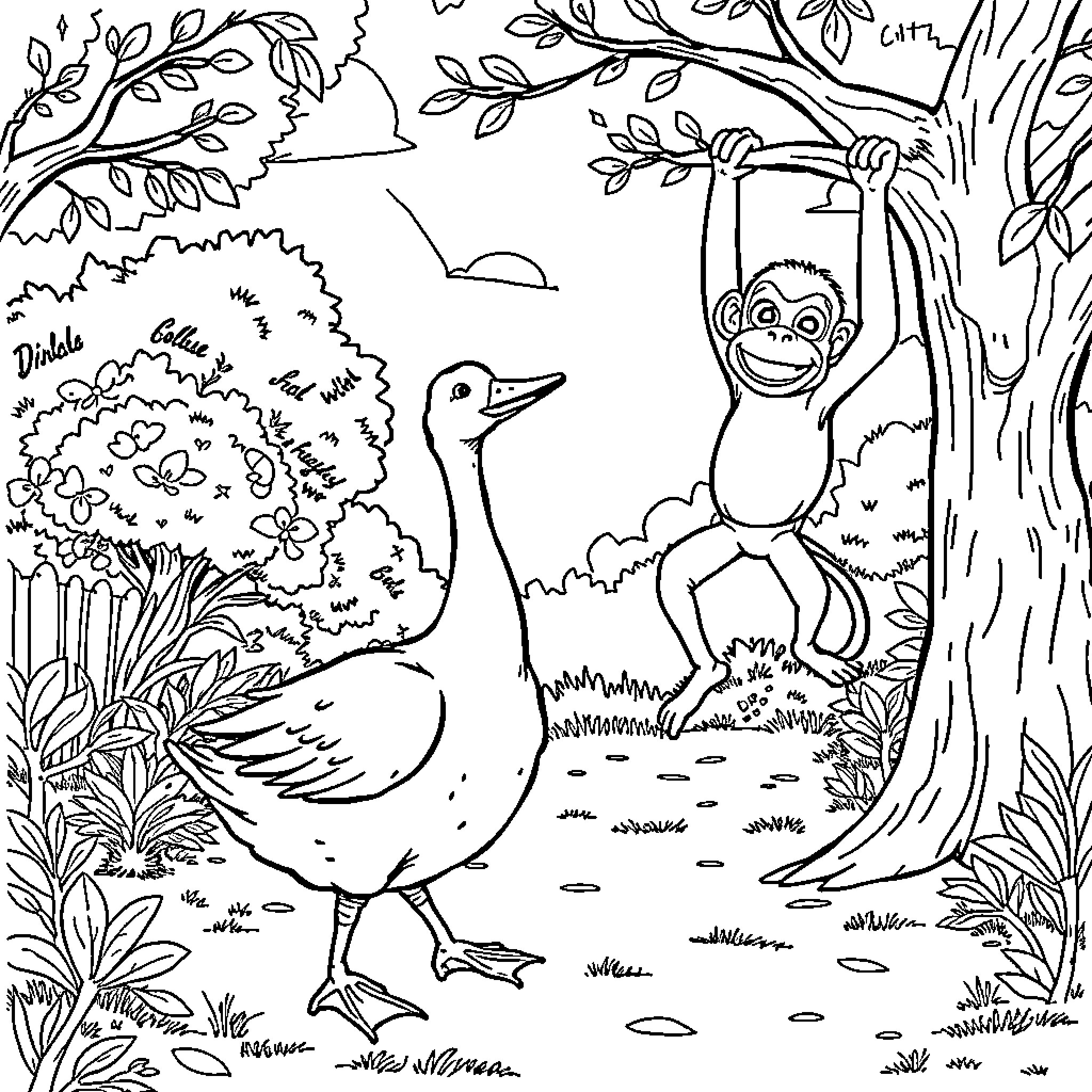 Goose and Monkey in Lush Forest Landscape Coloring Page (free black-and-white line drawing printable PDF for all, from beginners to advanced learners, including children, teens, adults, and seniors)