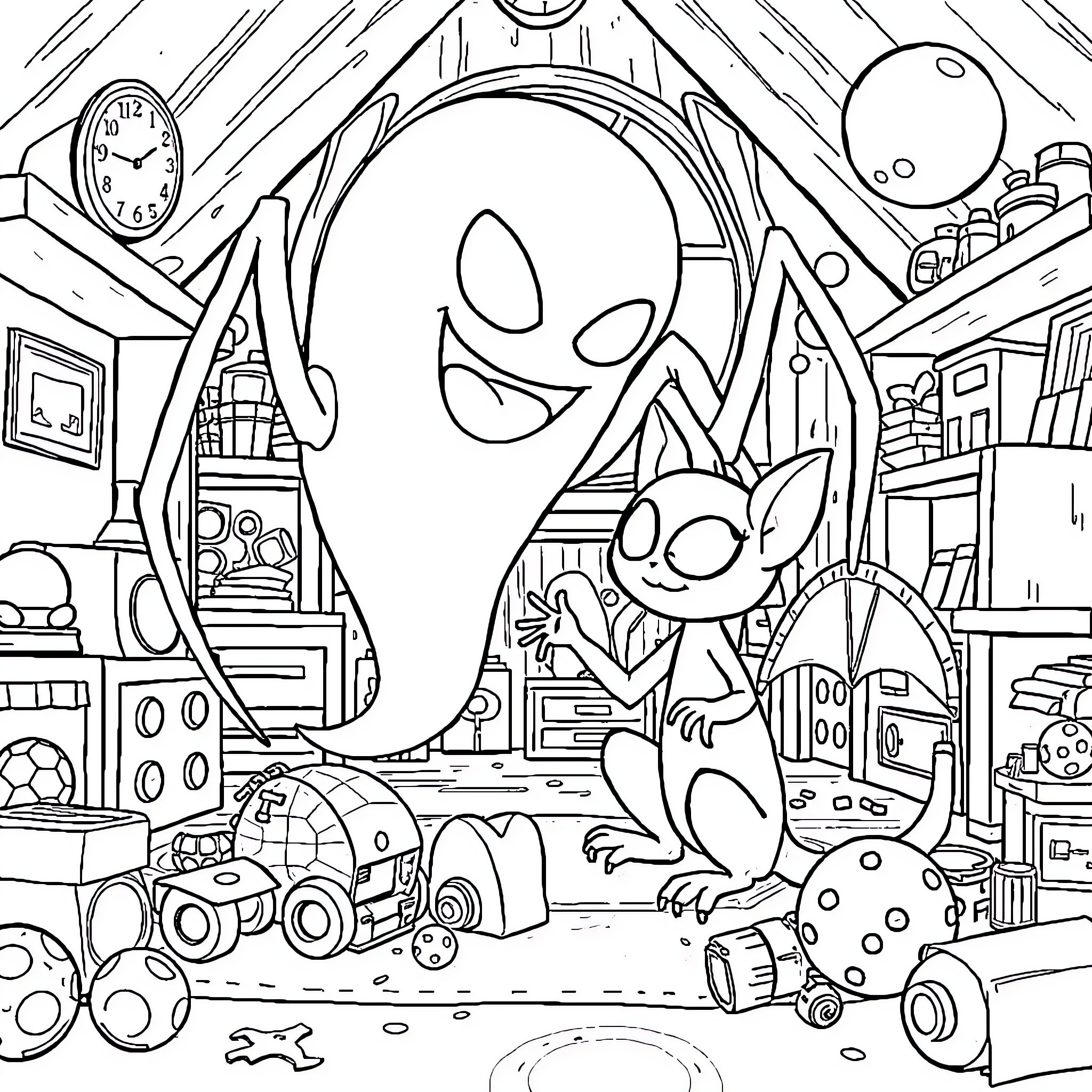 Ghost Spider solving puzzles in a cluttered workshop Coloring Page (free black-and-white line drawing printable PDF for all, from beginners to advanced learners, including children, teens, adults, and seniors)