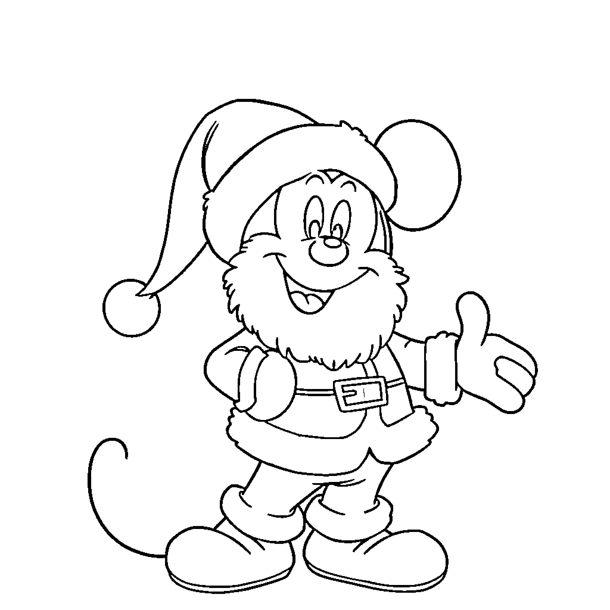 Mickey dressed as a jolly elf Coloring Page (free black-and-white line drawing printable PDF for all, from beginners to advanced learners, including children, teens, adults, and seniors)