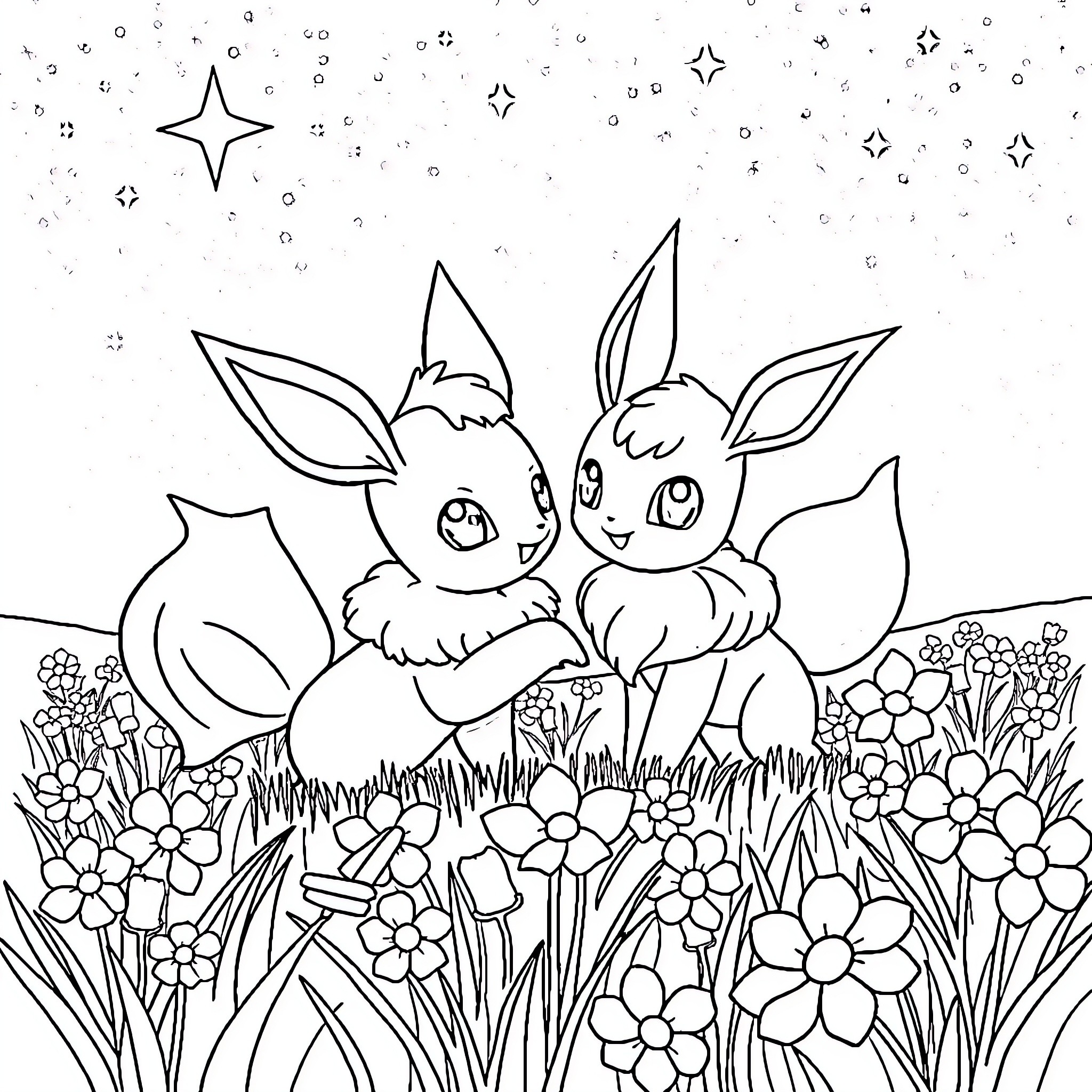 Eevee Companions Enjoying Starry Night Meadow Coloring Page (free black-and-white line drawing printable PDF for all, from beginners to advanced learners, including children, teens, adults, and seniors)