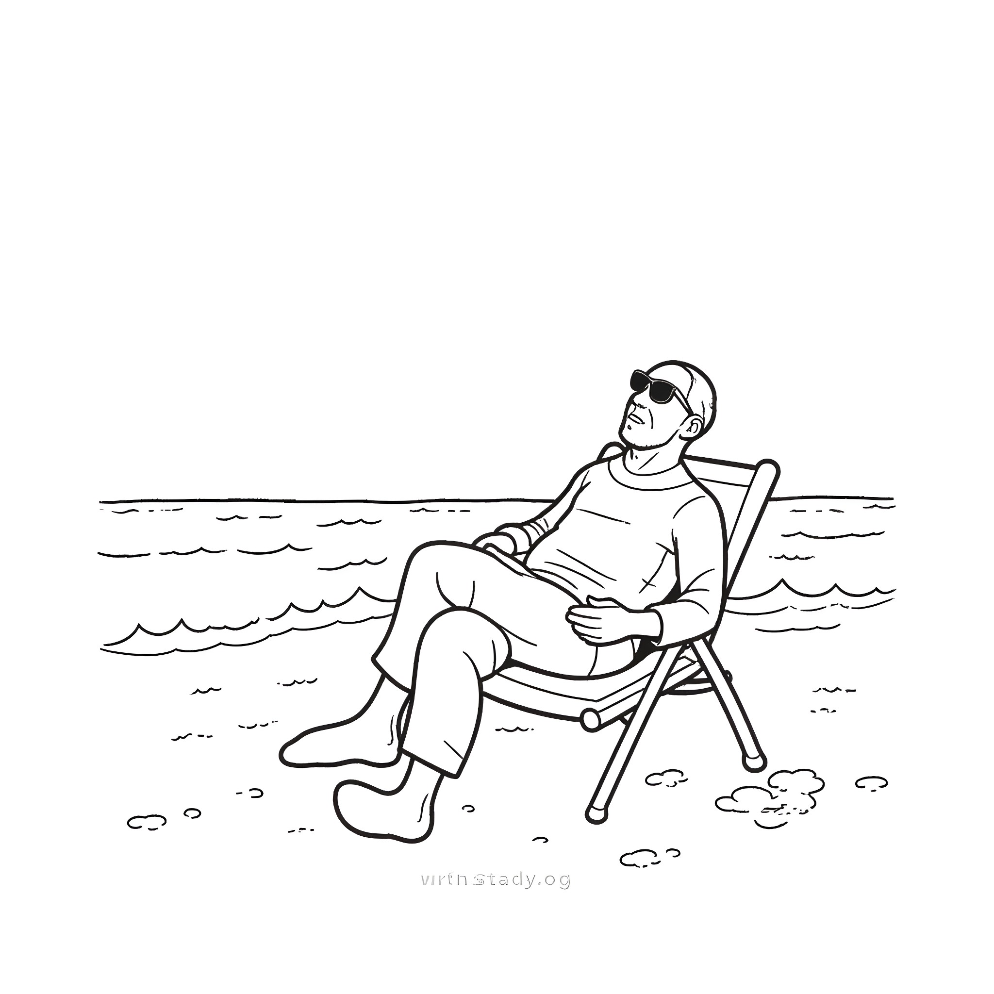 Boss relaxing on the beach Coloring Page (free black-and-white line drawing printable PDF for all, from beginners to advanced learners, including children, teens, adults, and seniors)