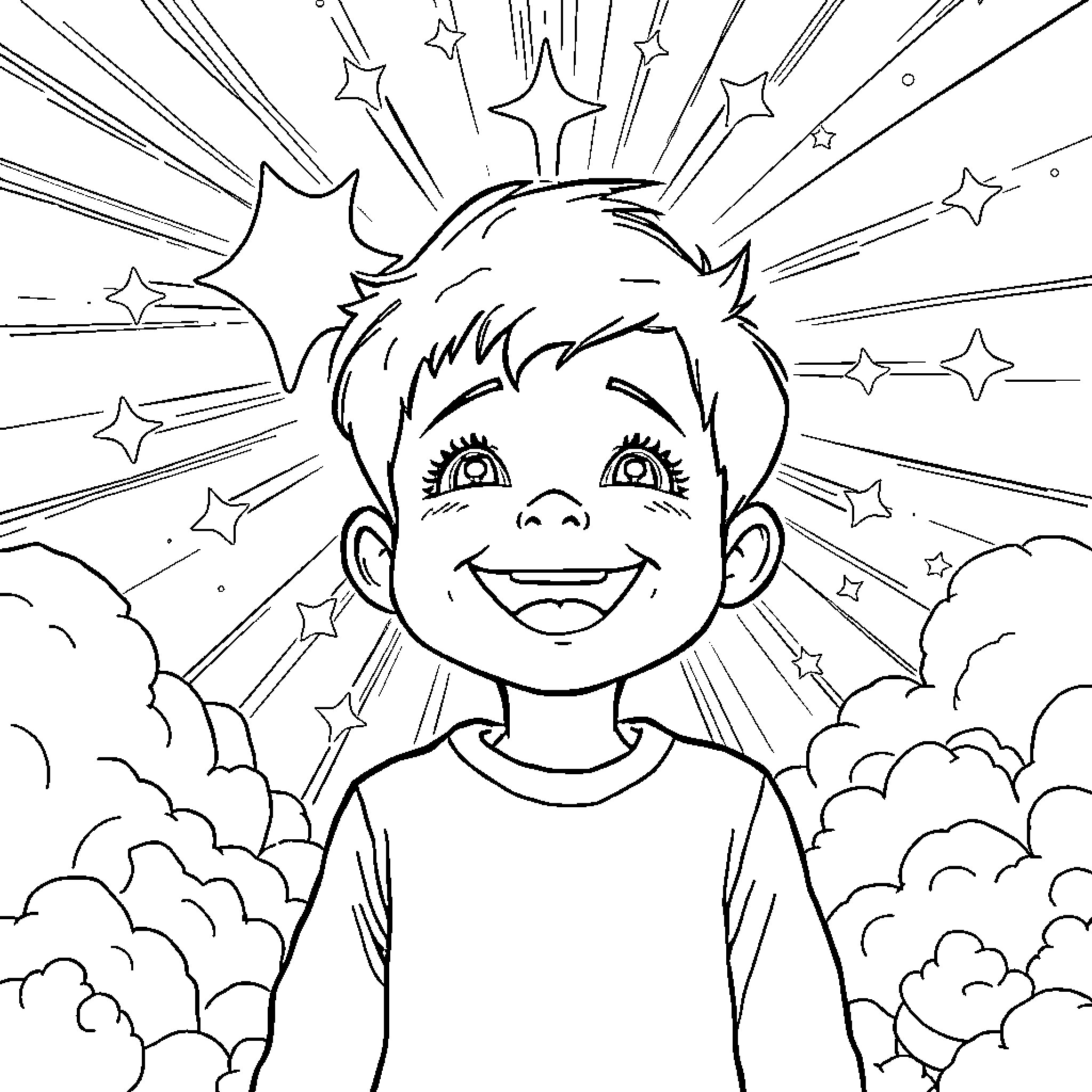 Kid's Joyful Expression Under Sparkling Skies Coloring Page (free black-and-white line drawing printable PDF for all, from beginners to advanced learners, including children, teens, adults, and seniors)