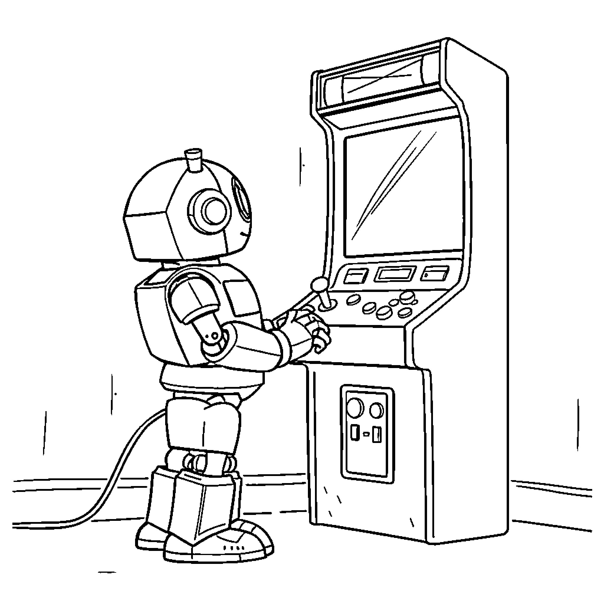 Robot Playing Arcade Game Coloring Page (free black-and-white line drawing printable PDF for all, from beginners to advanced learners, including children, teens, adults, and seniors)