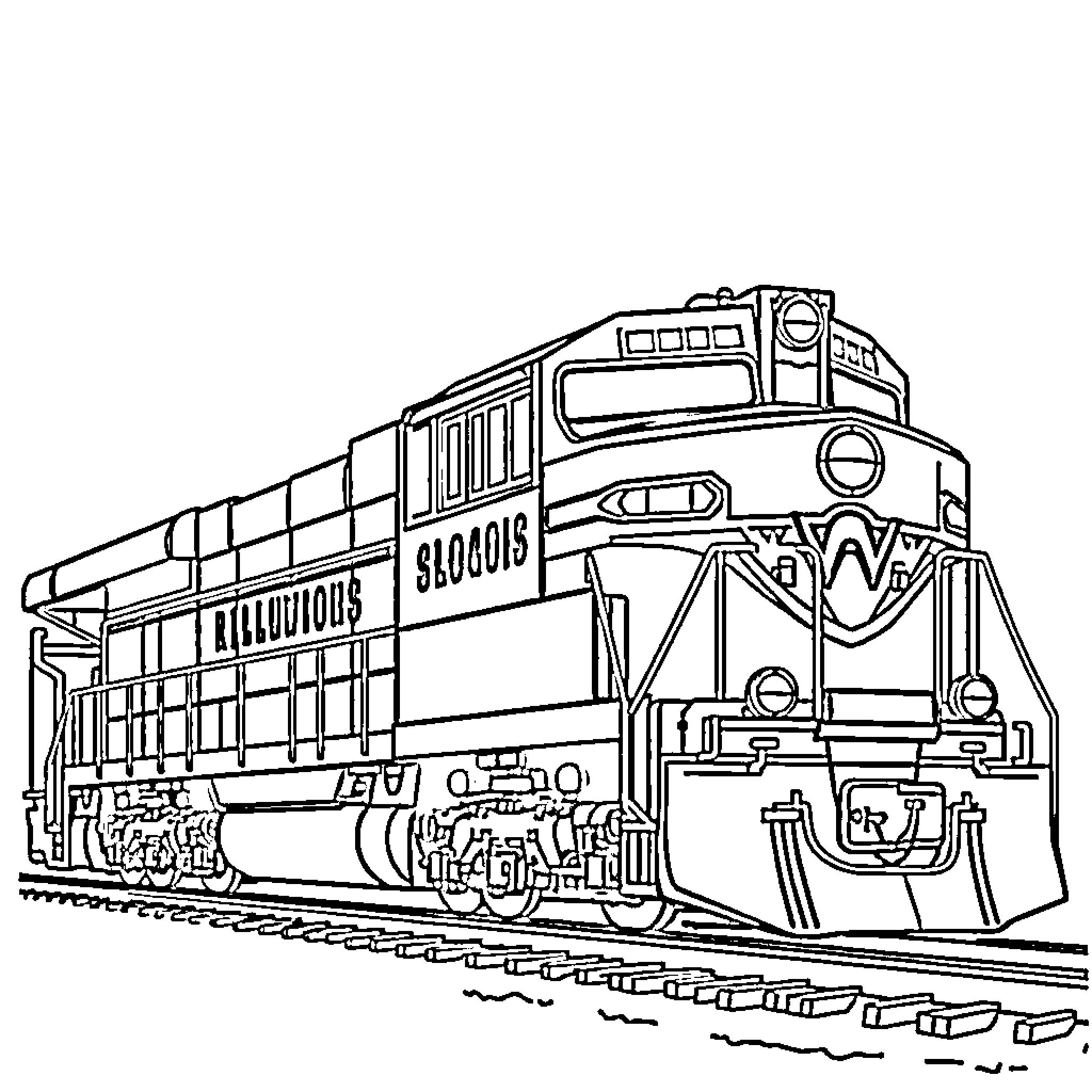 Locomotive carrying cargo on railroad tracks Coloring Page (free black-and-white line drawing printable PDF for all, from beginners to advanced learners, including children, teens, adults, and seniors)