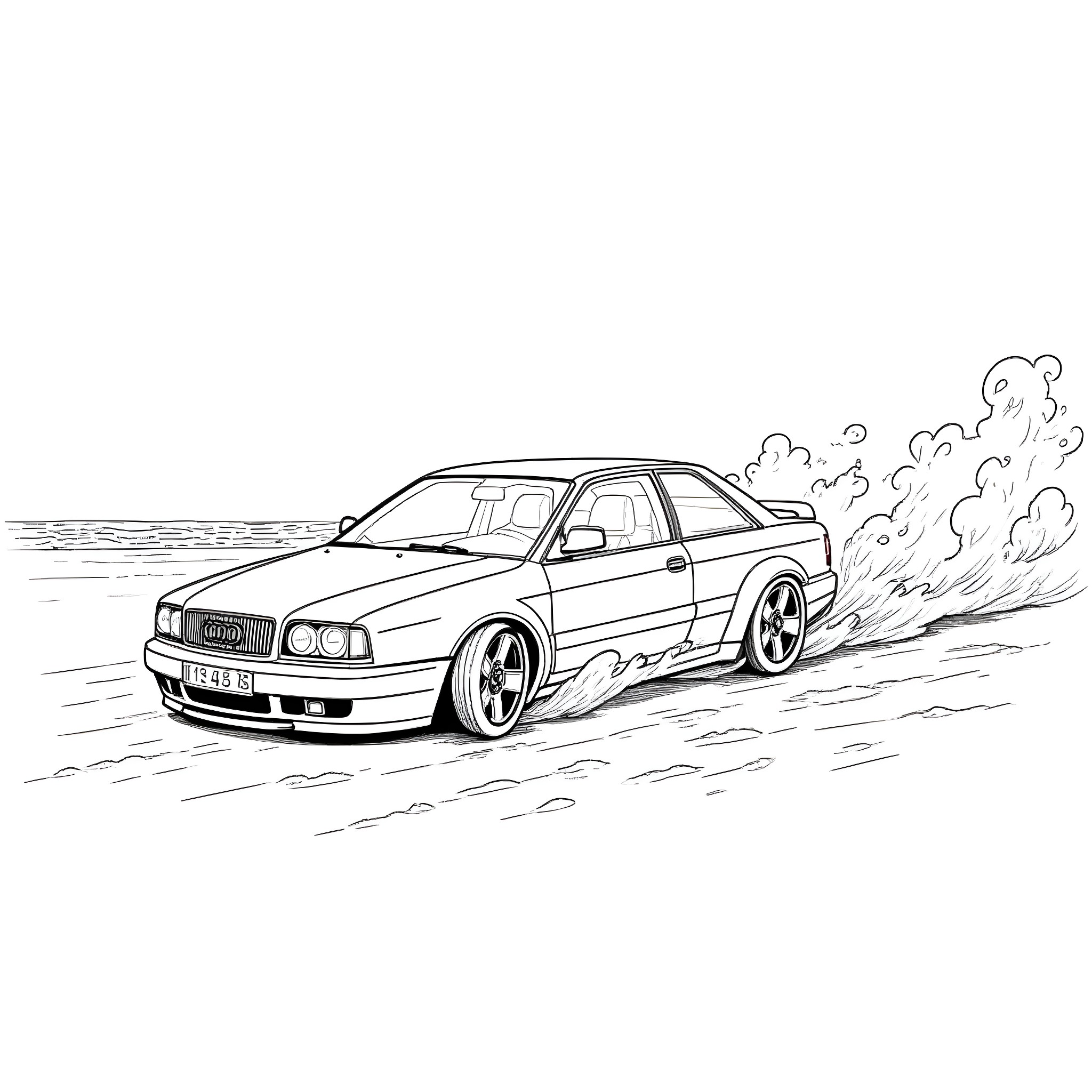 Audi sports car drifting on the road Coloring Page (free black-and-white line drawing printable PDF for all, from beginners to advanced learners, including children, teens, adults, and seniors)