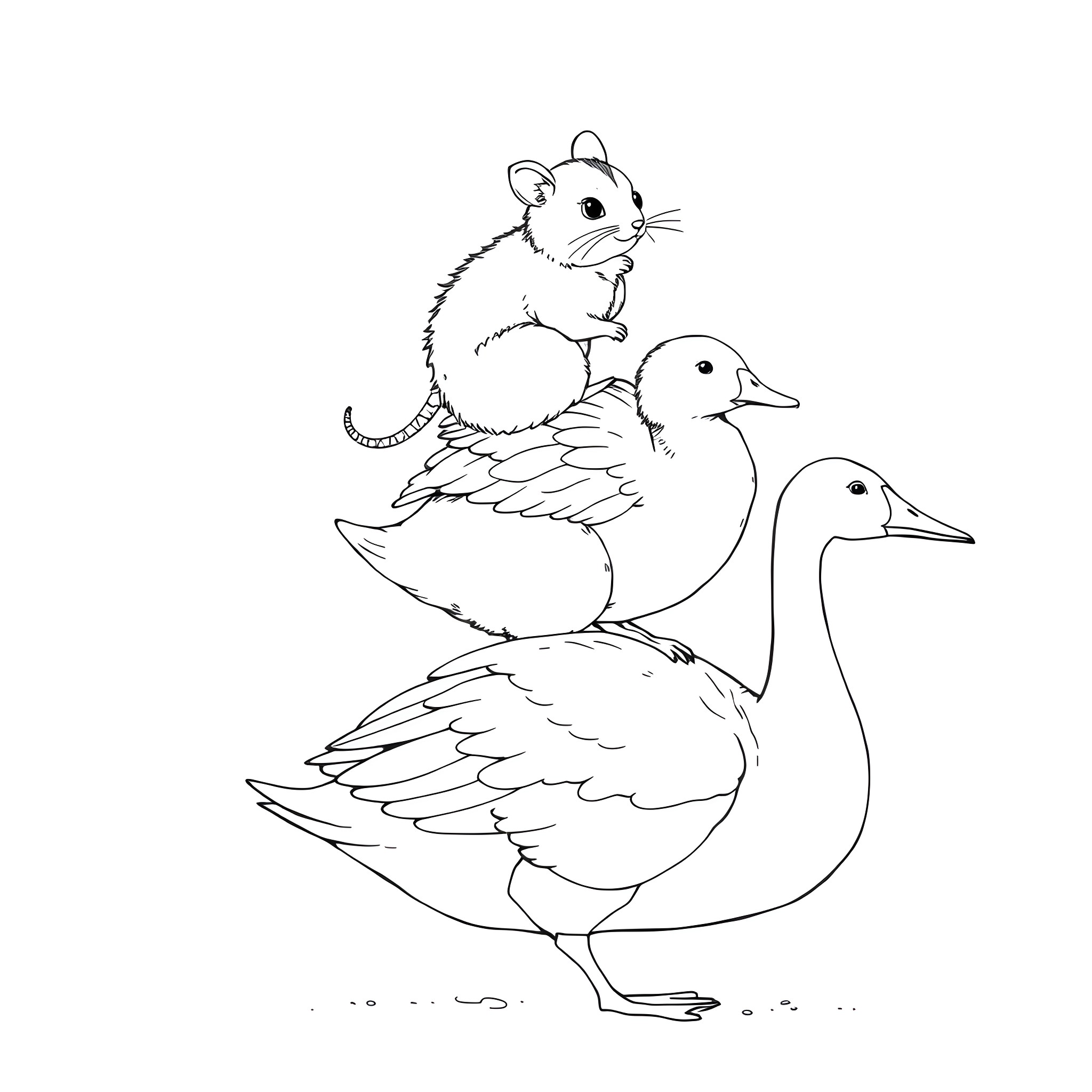 Mouse riding happily on a duck in the park Coloring Page (free black-and-white line drawing printable PDF for all, from beginners to advanced learners, including children, teens, adults, and seniors)