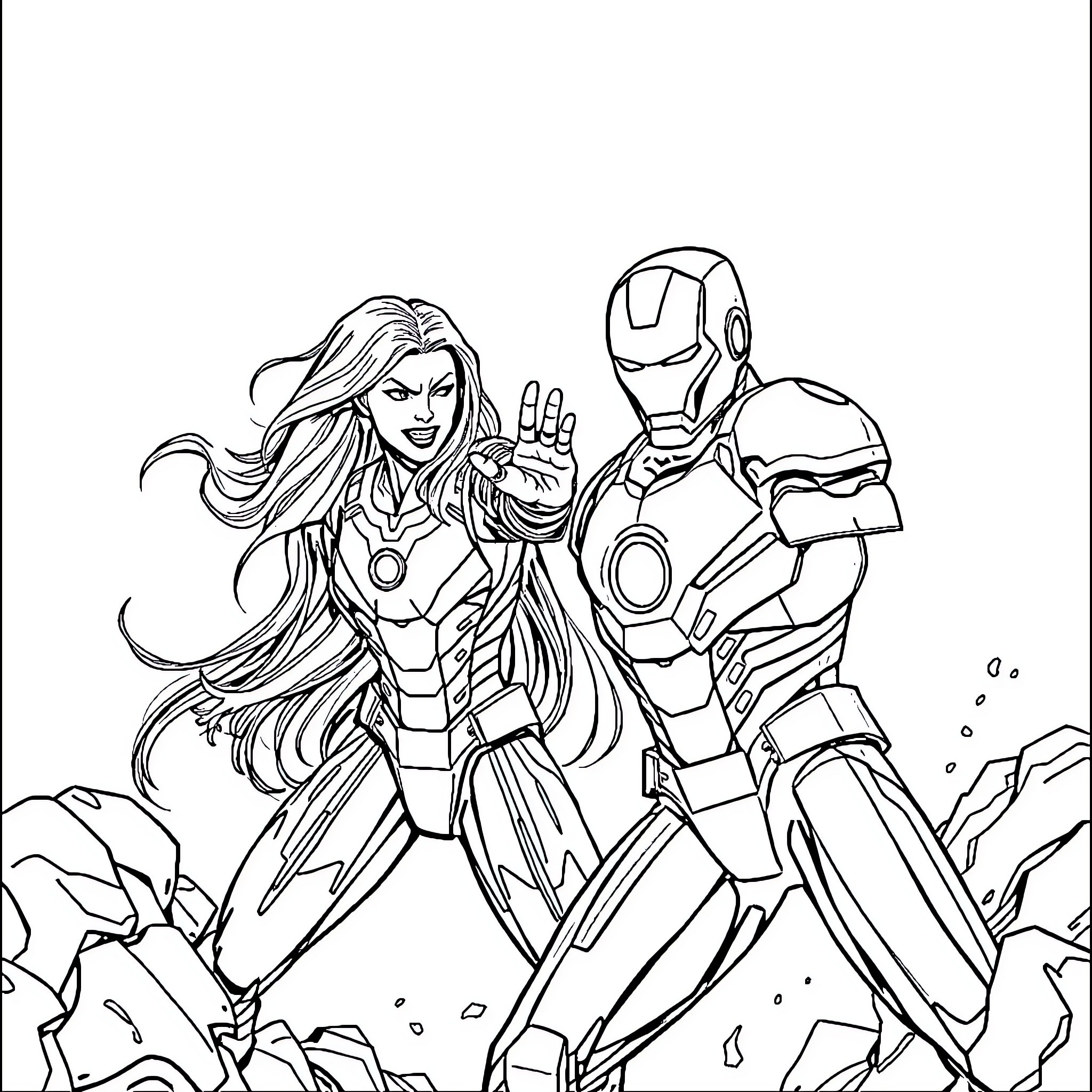 Rapunzel and Iron Man teaming up for an epic adventure Coloring Page (free black-and-white line drawing printable PDF for all, from beginners to advanced learners, including children, teens, adults, and seniors)