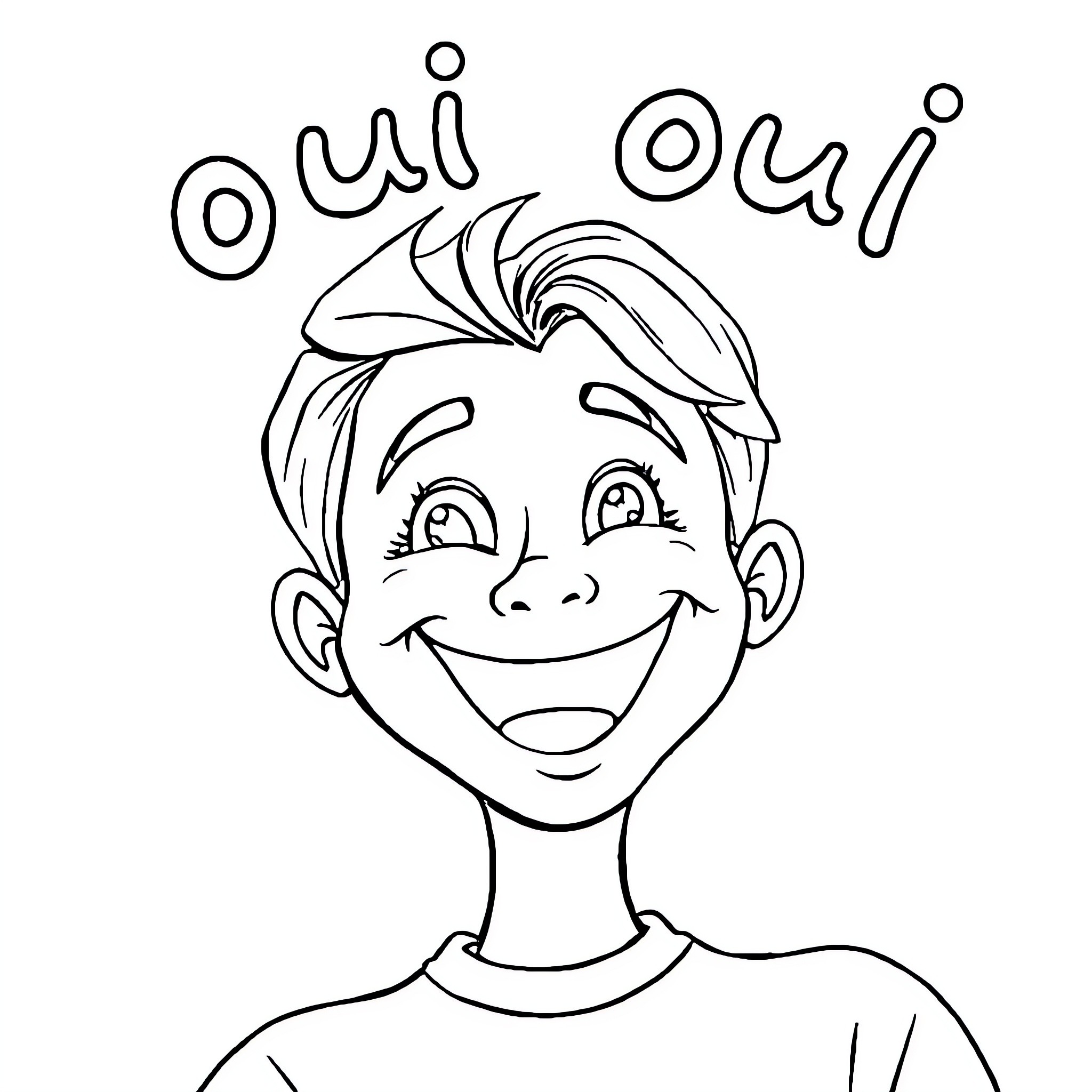 Oui Boy Expressing Joy and Excitement Coloring Page (free black-and-white line drawing printable PDF for all, from beginners to advanced learners, including children, teens, adults, and seniors)