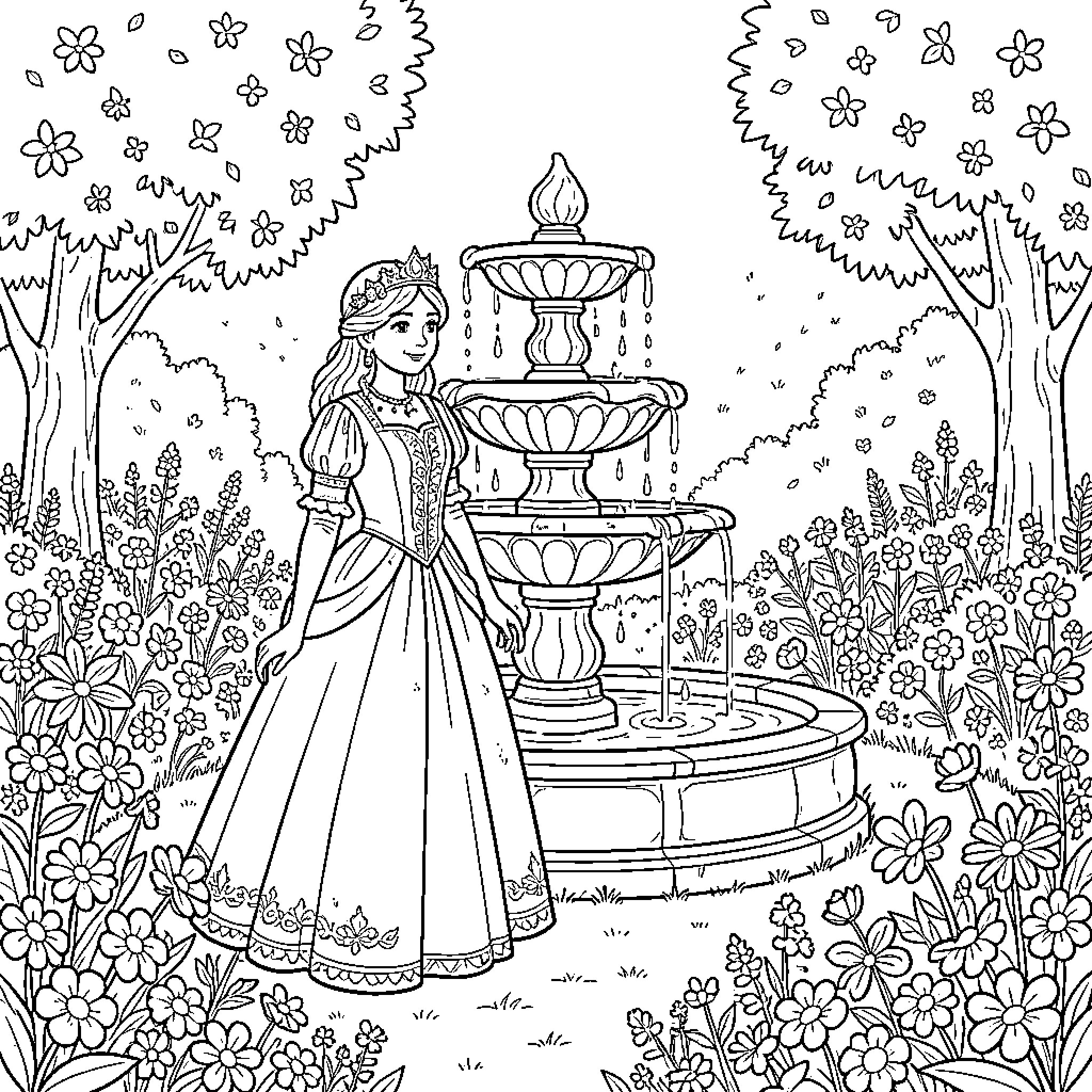 Princess Admiring Ornate Fountain in Enchanted Garden Coloring Page (free black-and-white line drawing printable PDF for all, from beginners to advanced learners, including children, teens, adults, and seniors)
