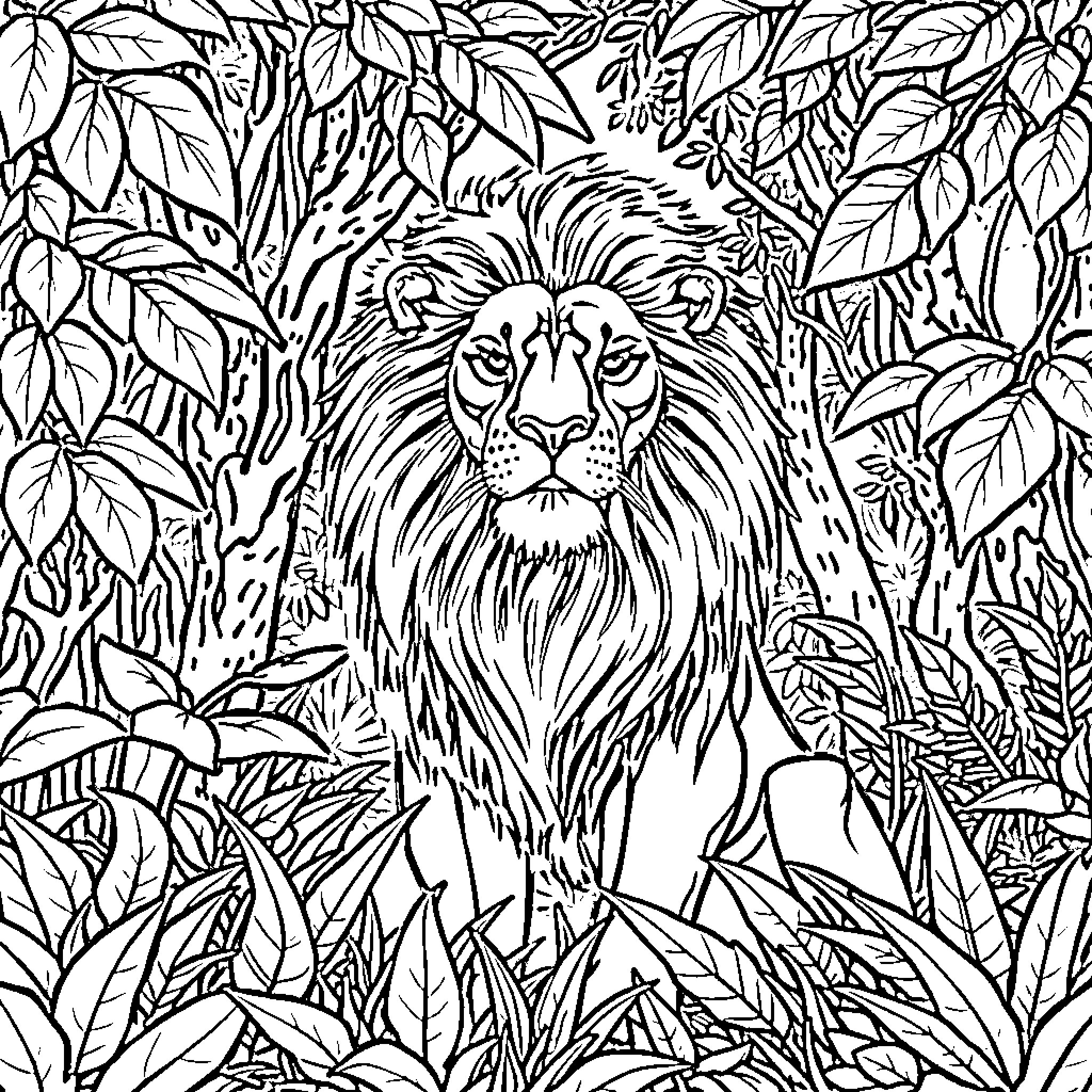 Lion in the Jungle Foliage Coloring Page (free black-and-white line drawing printable PDF for all, from beginners to advanced learners, including children, teens, adults, and seniors)