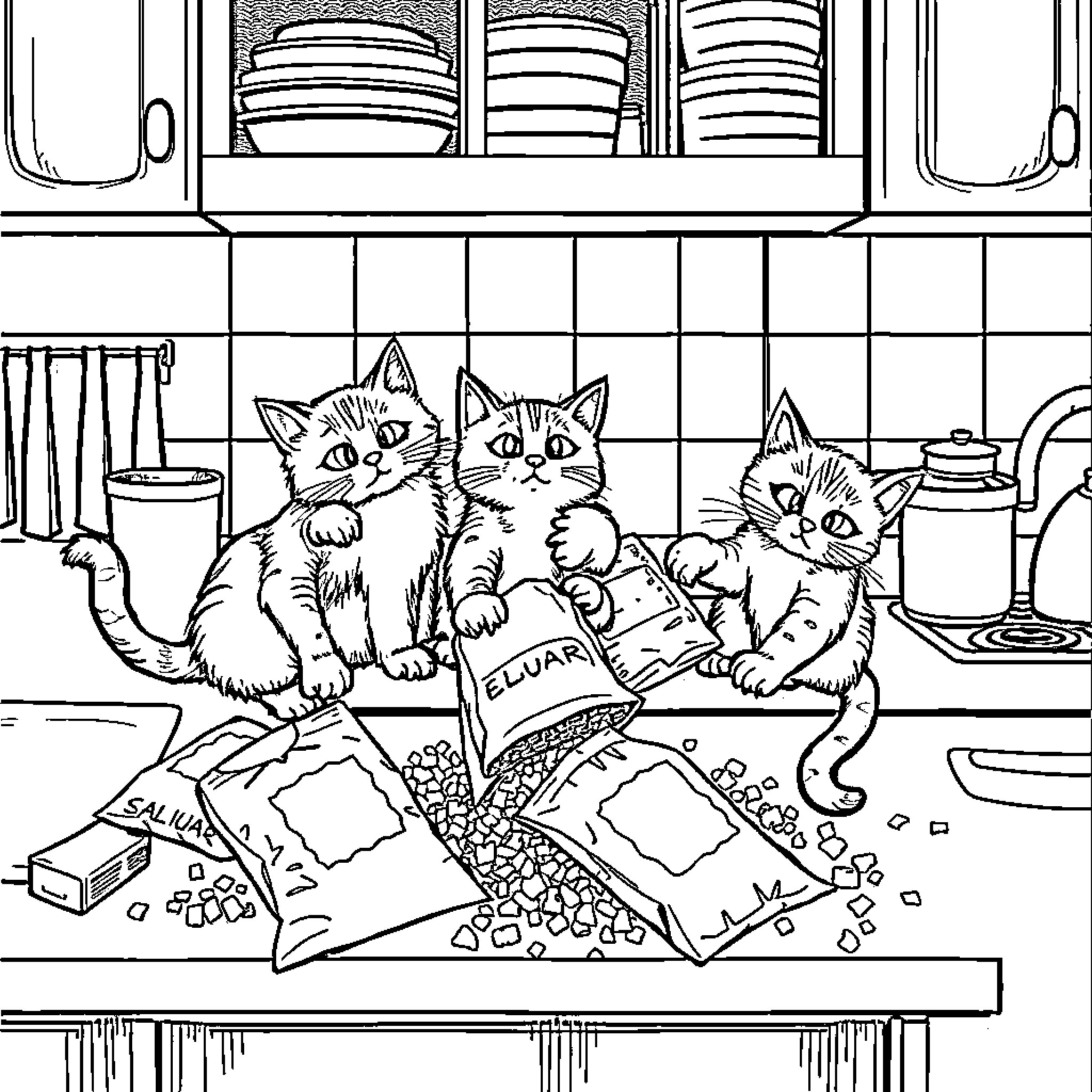 Cat Kittens Exploring Kitchen Surroundings Coloring Page (free black-and-white line drawing printable PDF for all, from beginners to advanced learners, including children, teens, adults, and seniors)