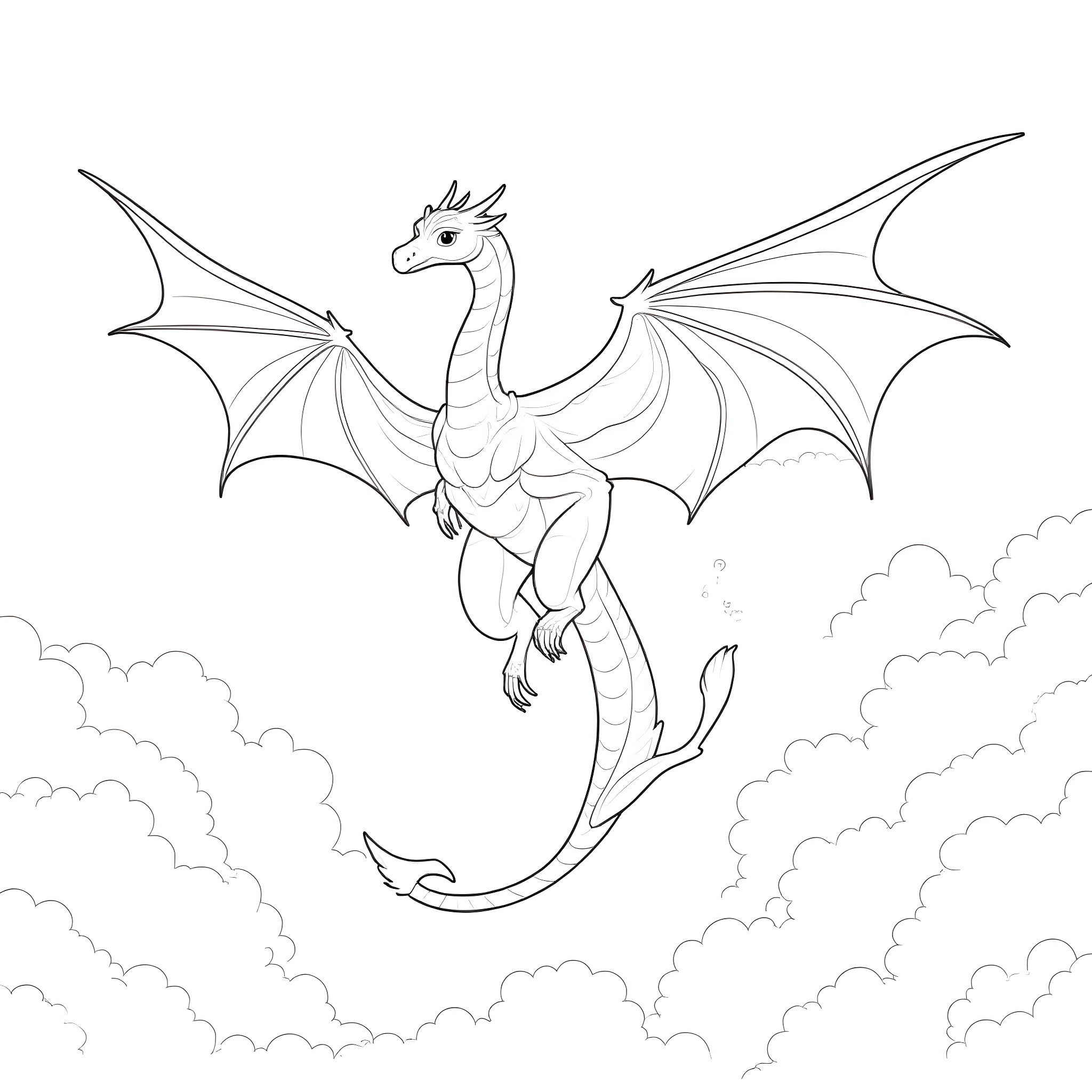 Slifer the Sky Dragon soaring through the clouds Coloring Page (free black-and-white line drawing printable PDF for all, from beginners to advanced learners, including children, teens, adults, and seniors)