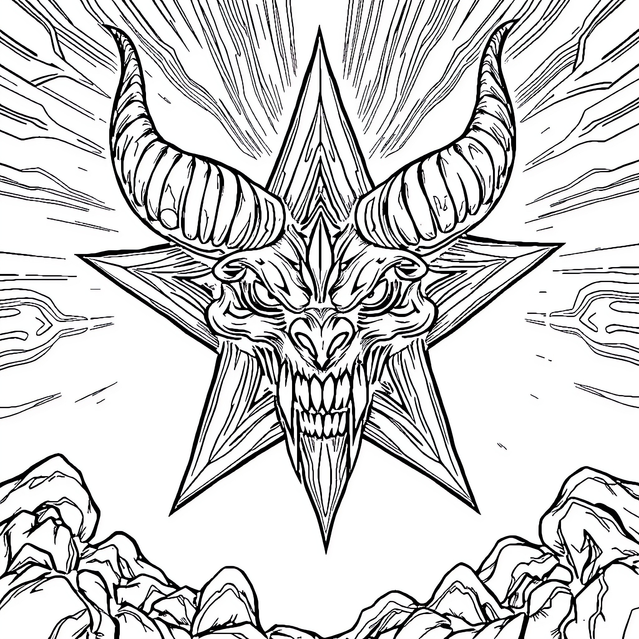 Monster with demonic star and wings Coloring Page (free black-and-white line drawing printable PDF for all, from beginners to advanced learners, including children, teens, adults, and seniors)