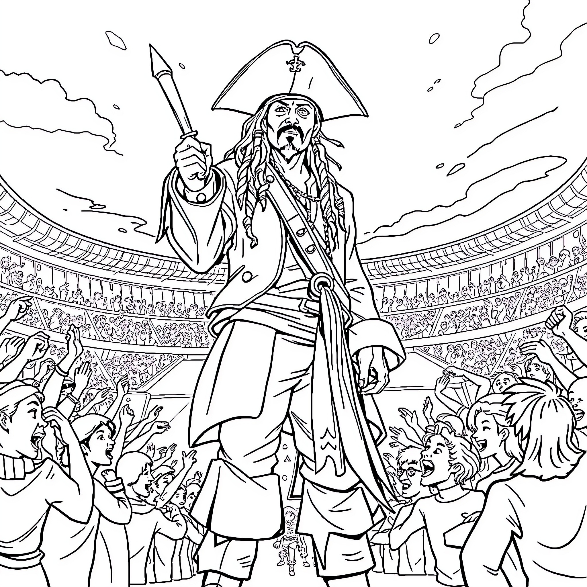 Jacksparrow Standing Proud in Pirate Arena Coloring Page (free black-and-white line drawing printable PDF for all, from beginners to advanced learners, including children, teens, adults, and seniors)