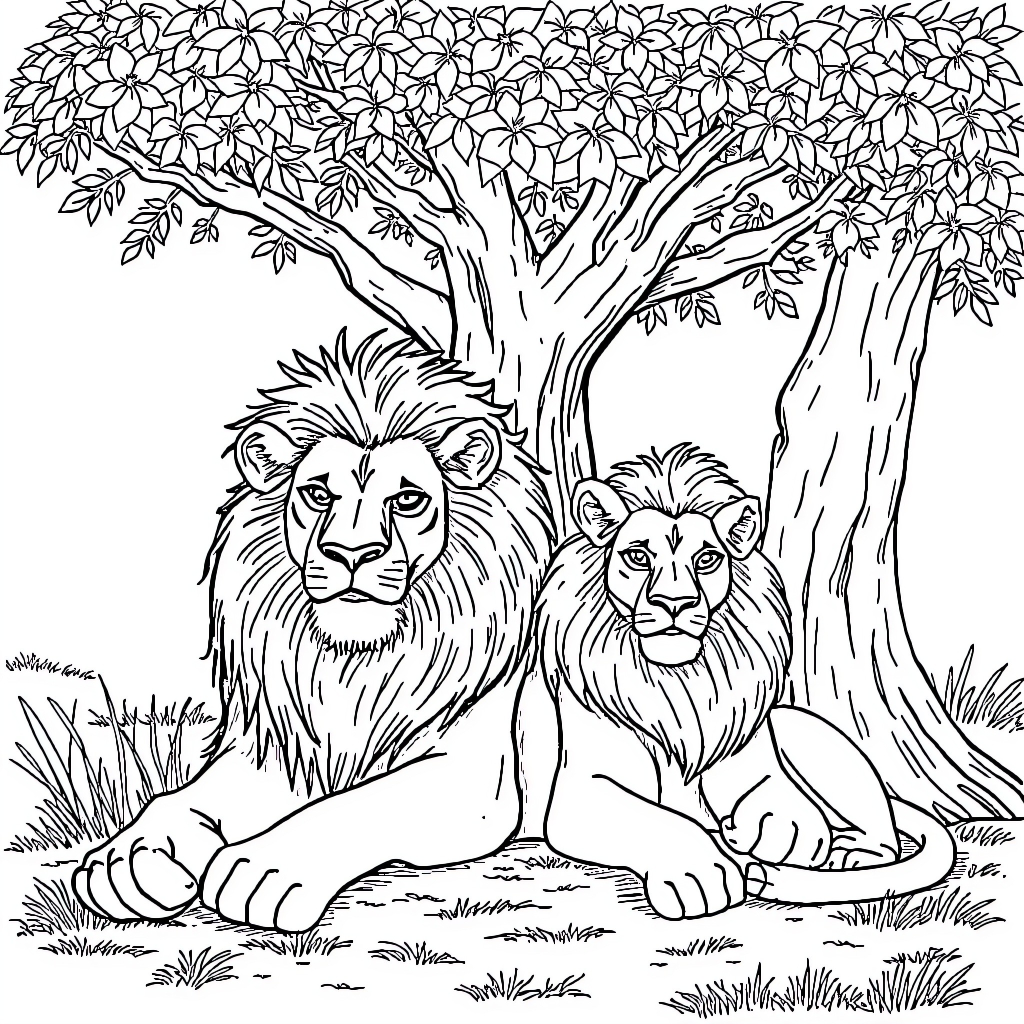 Lion pair relaxing under flowering tree Coloring Page (free black-and-white line drawing printable PDF for all, from beginners to advanced learners, including children, teens, adults, and seniors)