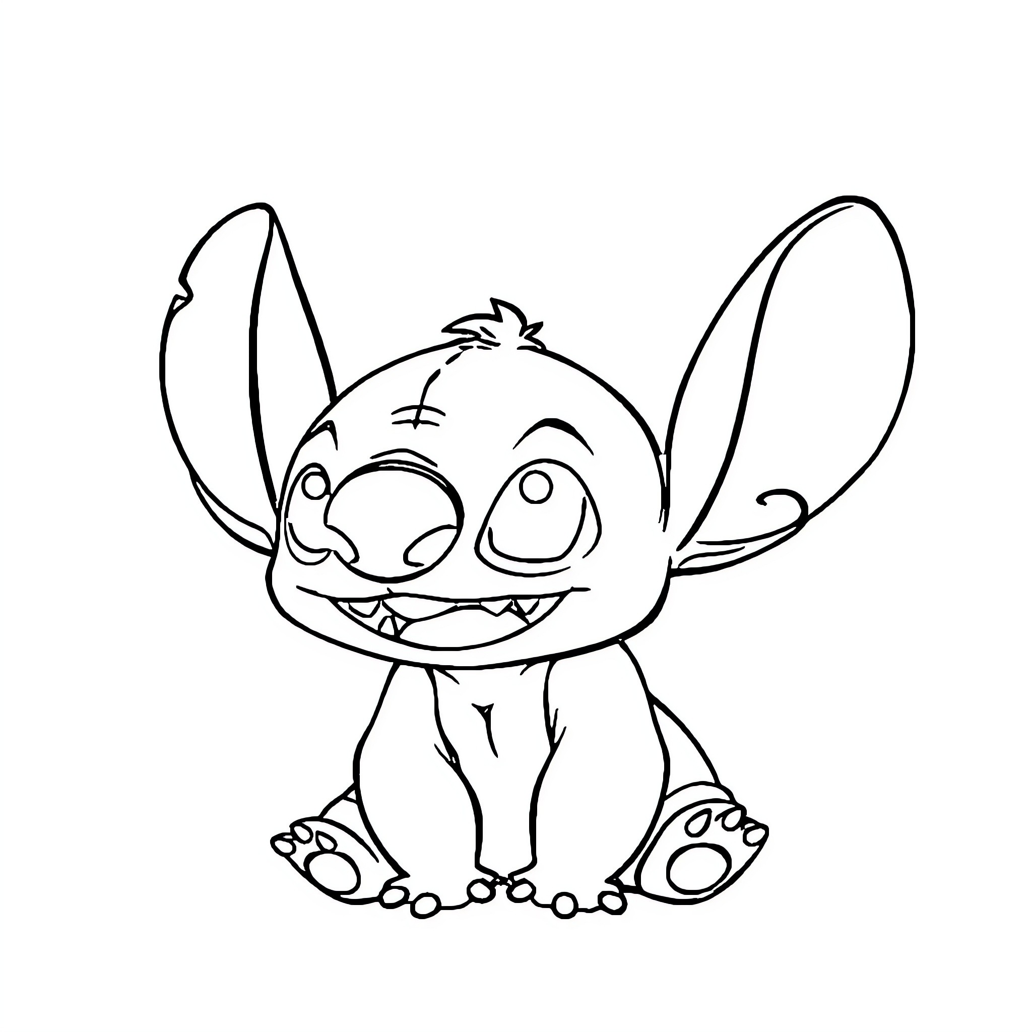 Stitch sitting and smiling cheerfully Coloring Page (free black-and-white line drawing printable PDF for all, from beginners to advanced learners, including children, teens, adults, and seniors)