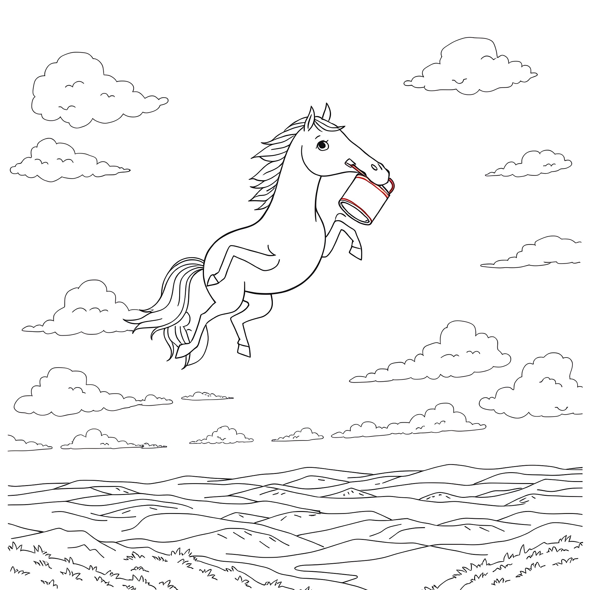 Horse galloping playfully through the clouds Coloring Page (free black-and-white line drawing printable PDF for all, from beginners to advanced learners, including children, teens, adults, and seniors)