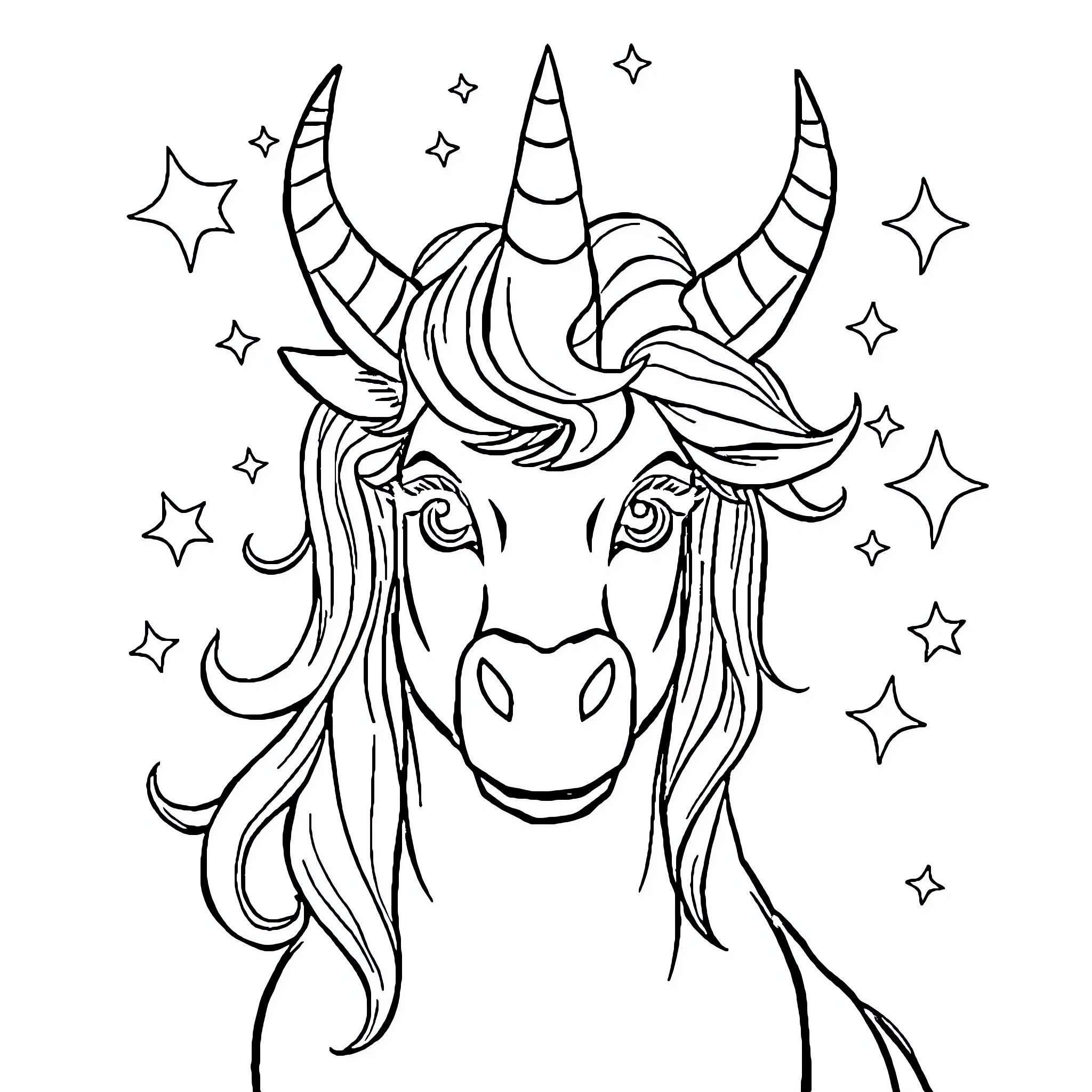 Einhorn unicorn with flowing mane and stars Coloring Page (free black-and-white line drawing printable PDF for all, from beginners to advanced learners, including children, teens, adults, and seniors)