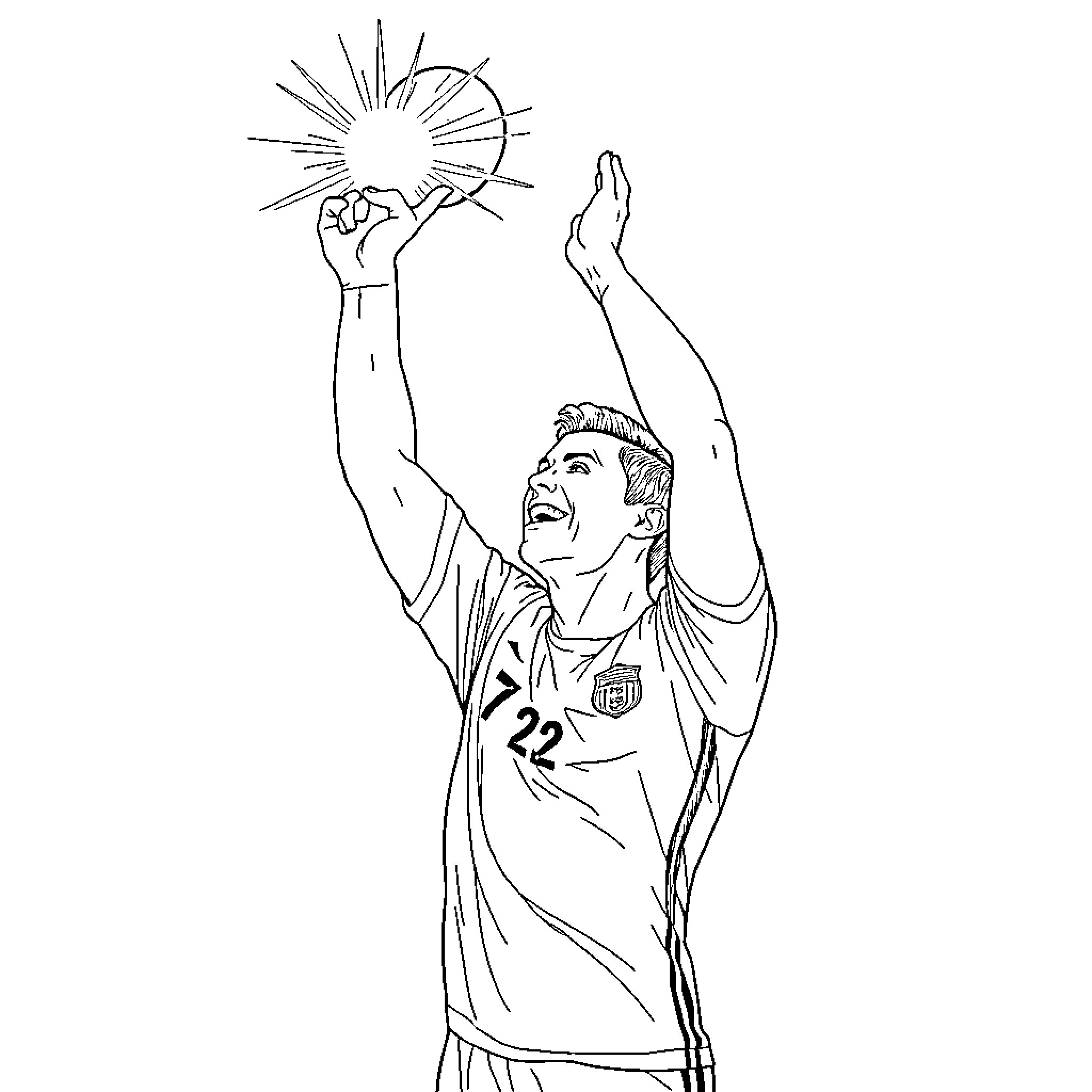 Cristiano Ronaldo celebrating an exuberant goal Coloring Page (free black-and-white line drawing printable PDF for all, from beginners to advanced learners, including children, teens, adults, and seniors)