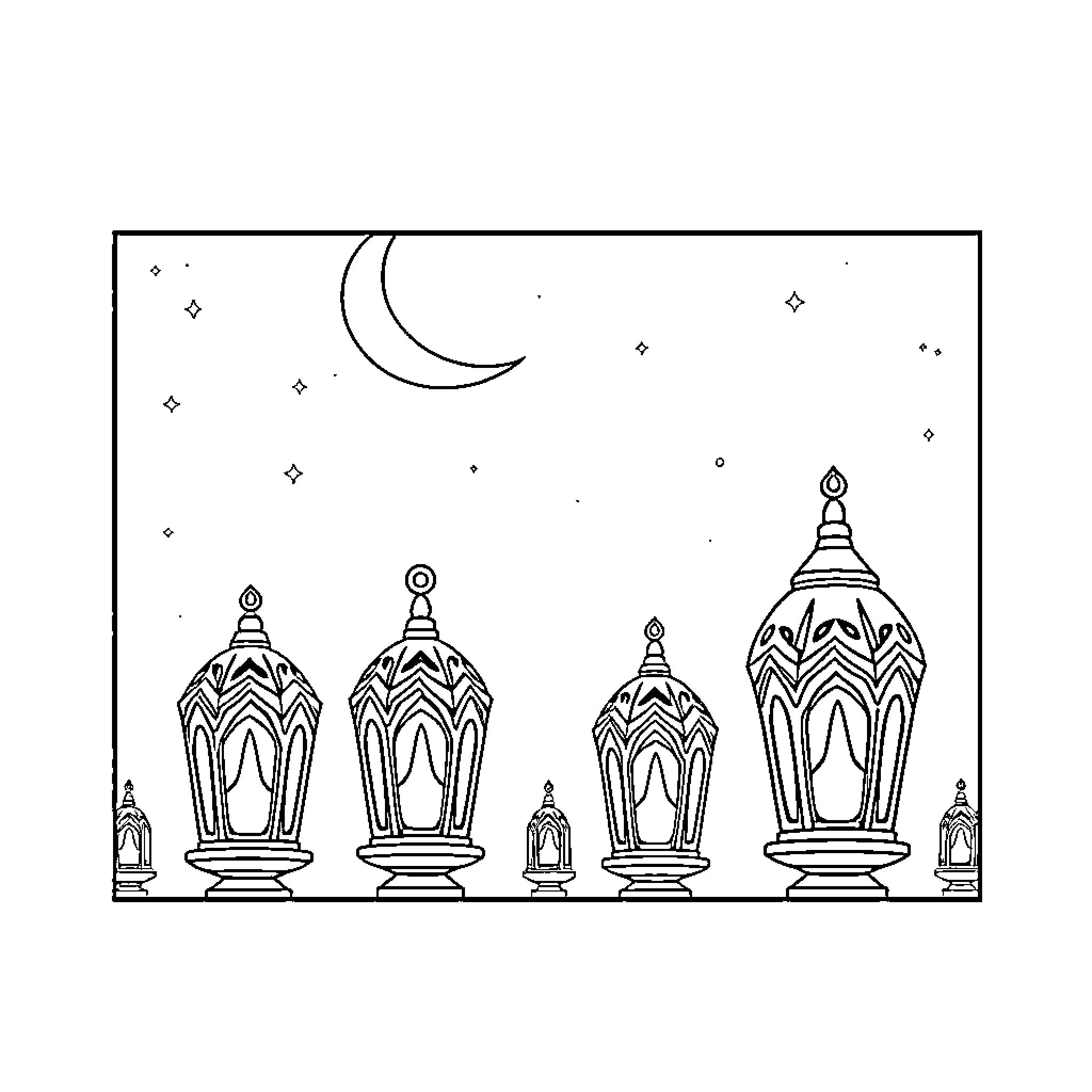 Oil Lamps Lighting Up the Night Sky Coloring Page (free black-and-white line drawing printable PDF for all, from beginners to advanced learners, including children, teens, adults, and seniors)