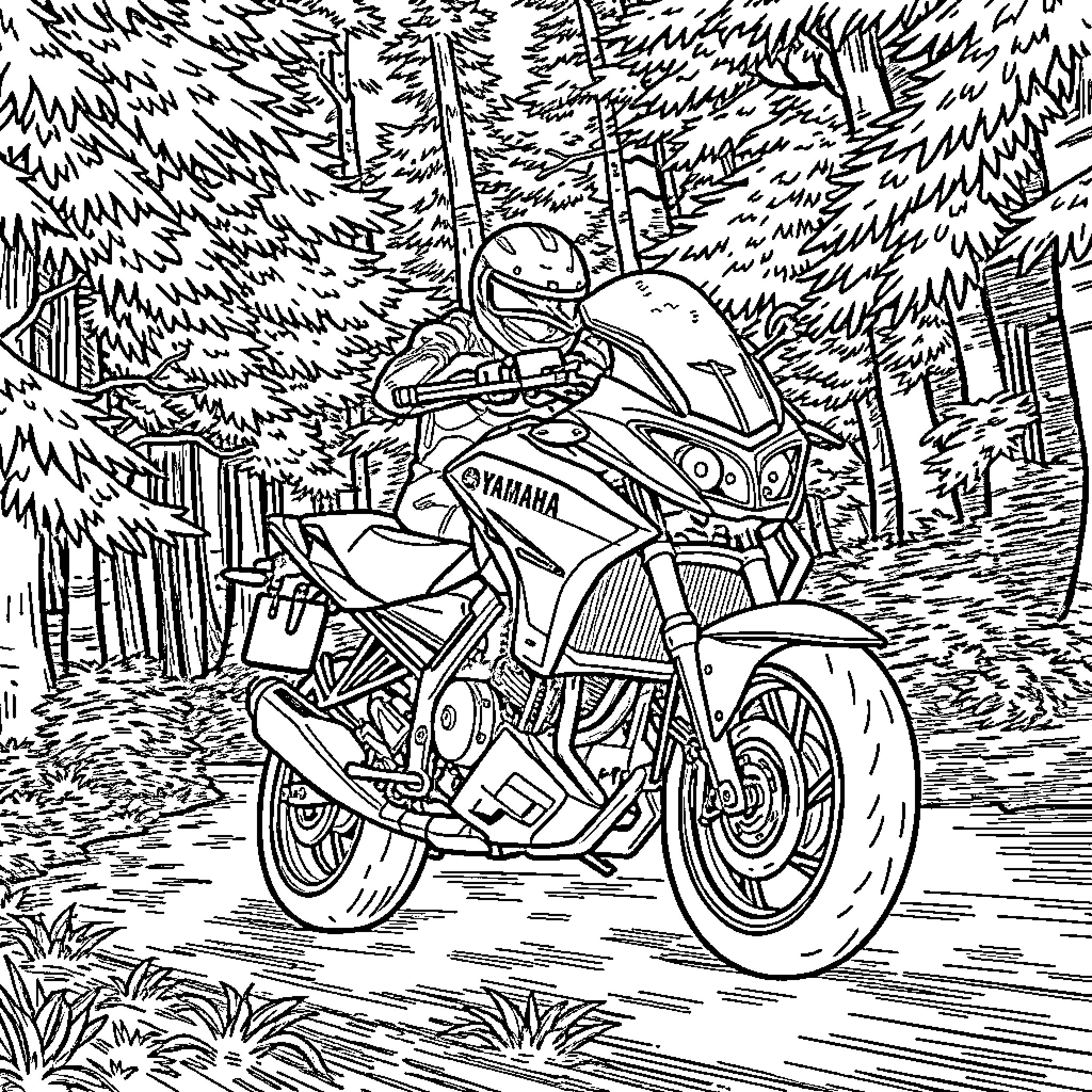 Yamaha Tracer motorcycle riding through a forested trail Coloring Page (free black-and-white line drawing printable PDF for all, from beginners to advanced learners, including children, teens, adults, and seniors)