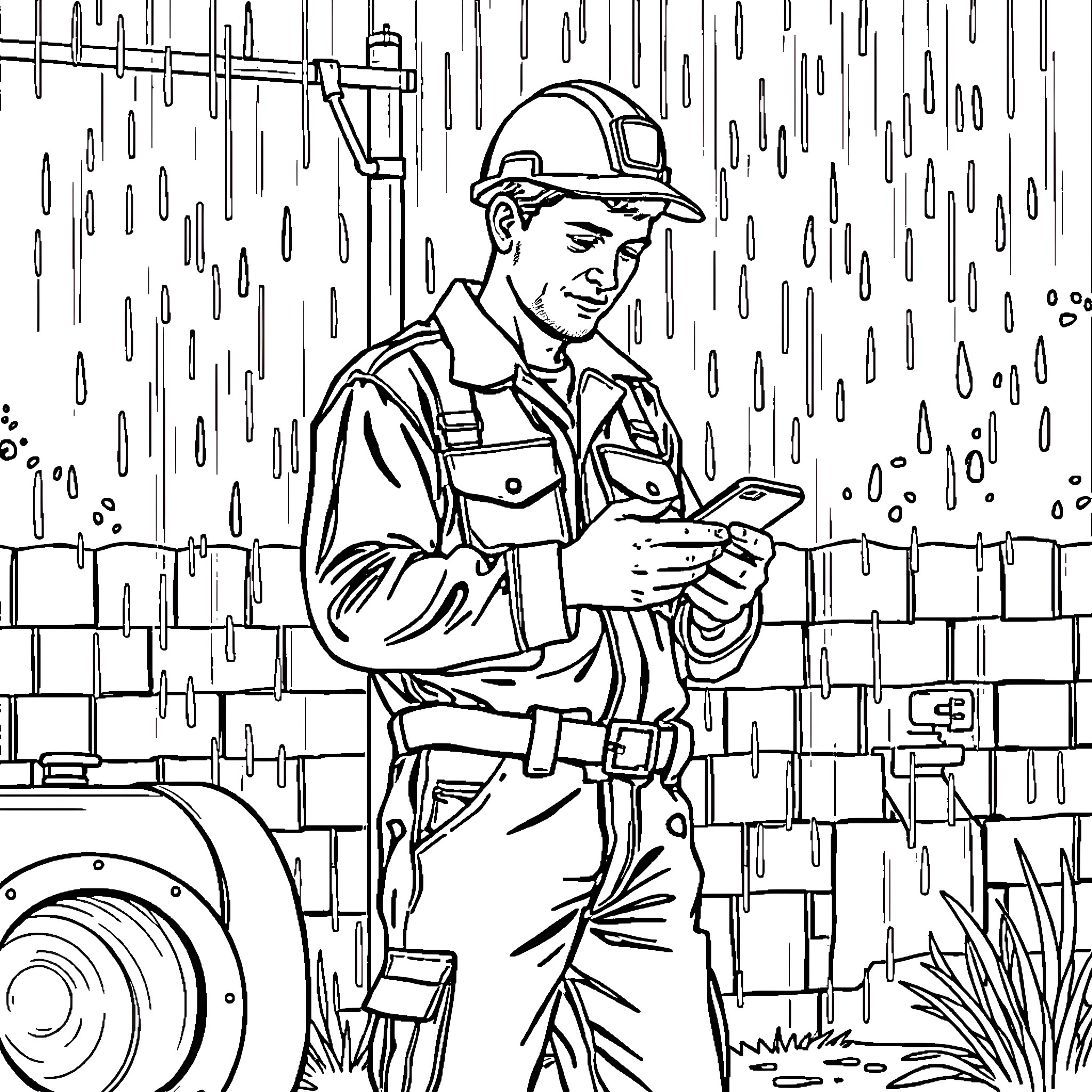 Wastewater Operator inspecting equipment during rainy conditions Coloring Page (free black-and-white line drawing printable PDF for all, from beginners to advanced learners, including children, teens, adults, and seniors)