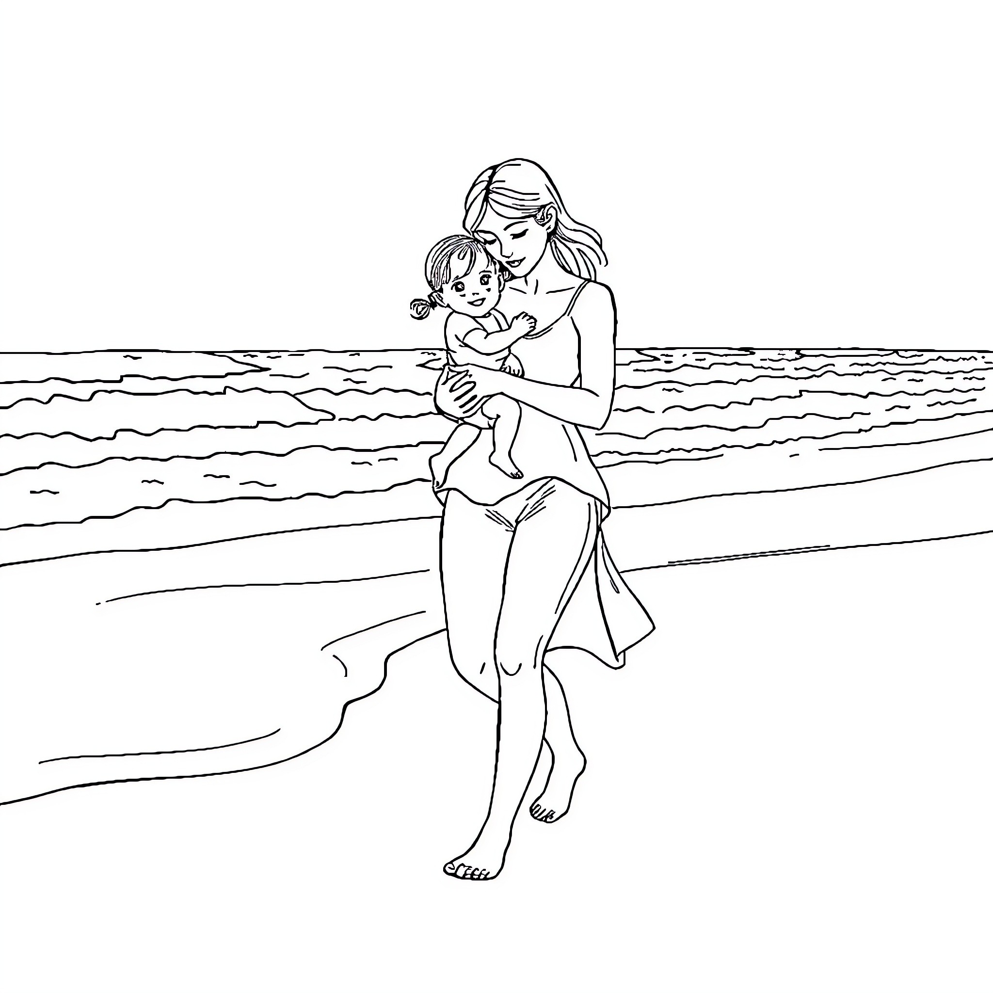 Mom and child playing on the beach Coloring Page (free black-and-white line drawing printable PDF for all, from beginners to advanced learners, including children, teens, adults, and seniors)