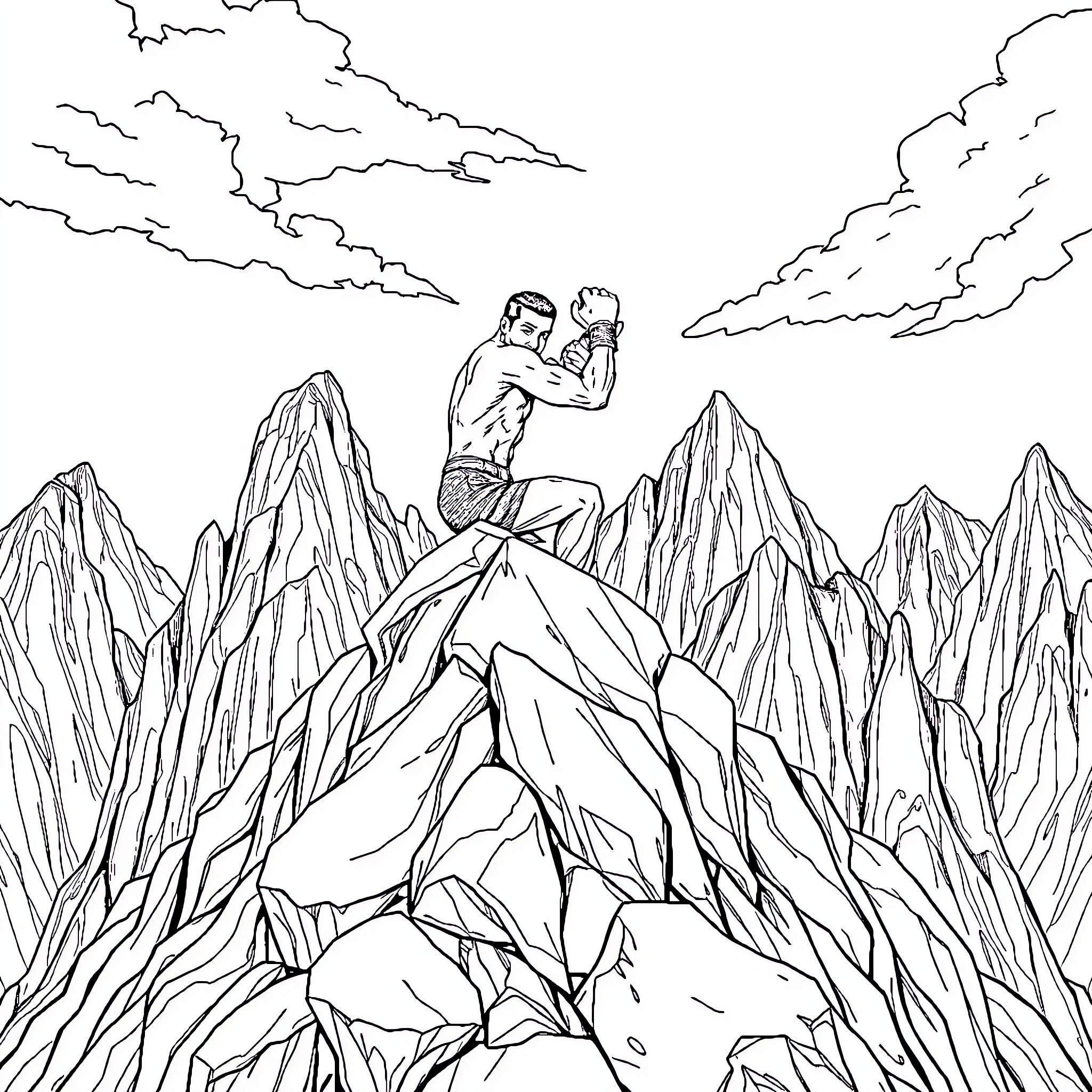 Khabib's Victorious Mountain Triumph Coloring Page (free black-and-white line drawing printable PDF for all, from beginners to advanced learners, including children, teens, adults, and seniors)