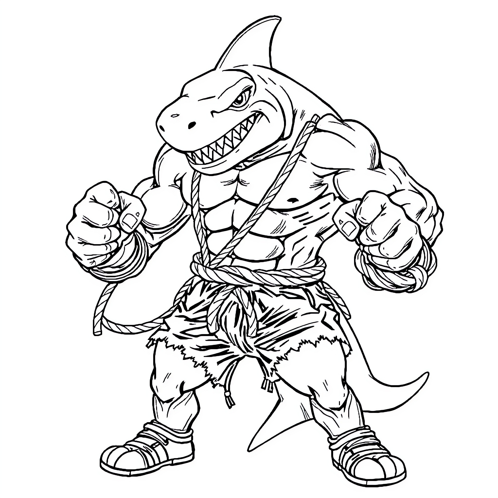 Hammerhead Shark Warrior Attacking with Fists Coloring Page (free black-and-white line drawing printable PDF for all, from beginners to advanced learners, including children, teens, adults, and seniors)