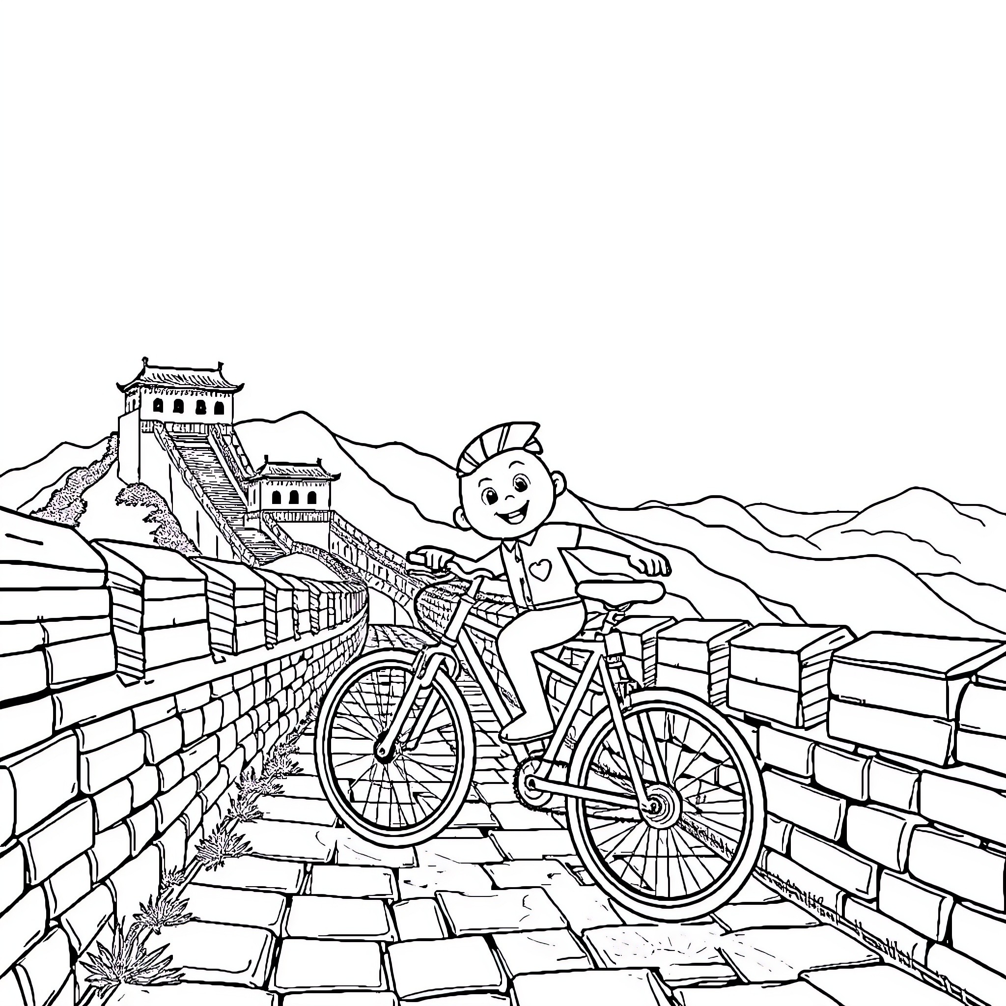 Bluey explores the Great Wall of China on bicycle Coloring Page (free black-and-white line drawing printable PDF for all, from beginners to advanced learners, including children, teens, adults, and seniors)