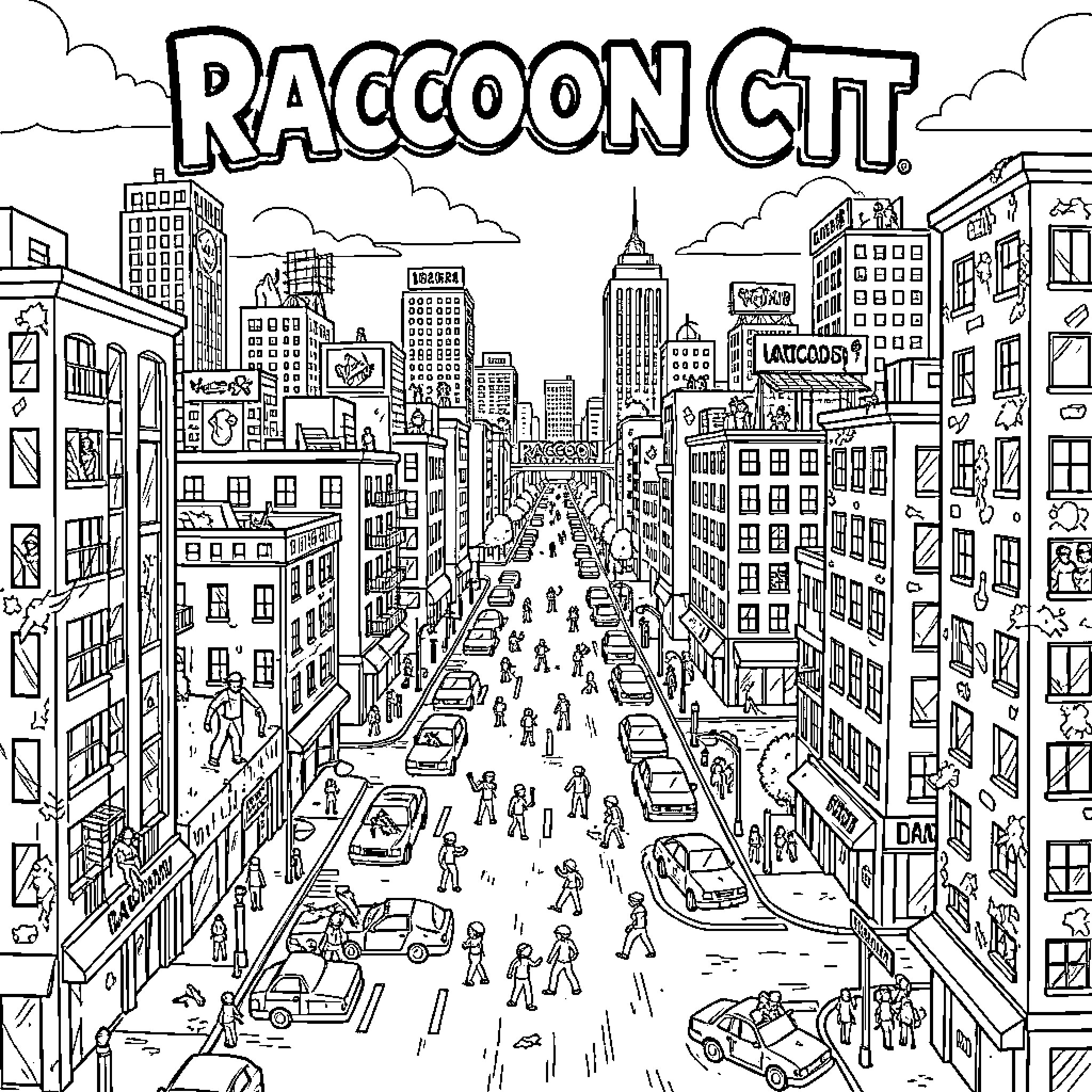 Raccoon City bustling with people and vehicles in streets Coloring Page (free black-and-white line drawing printable PDF for all, from beginners to advanced learners, including children, teens, adults, and seniors)
