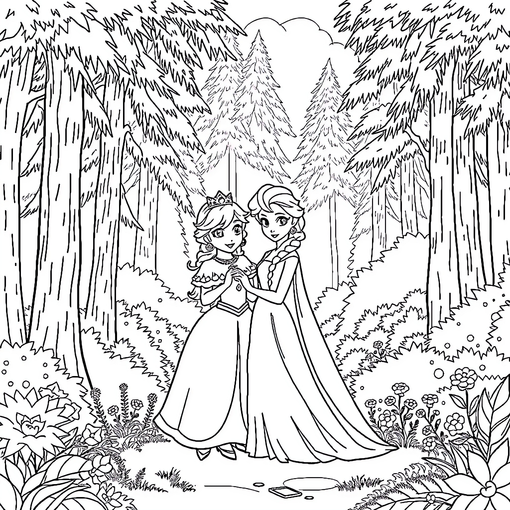 Princess friends exploring winter wonderland forest Coloring Page (free black-and-white line drawing printable PDF for all, from beginners to advanced learners, including children, teens, adults, and seniors)