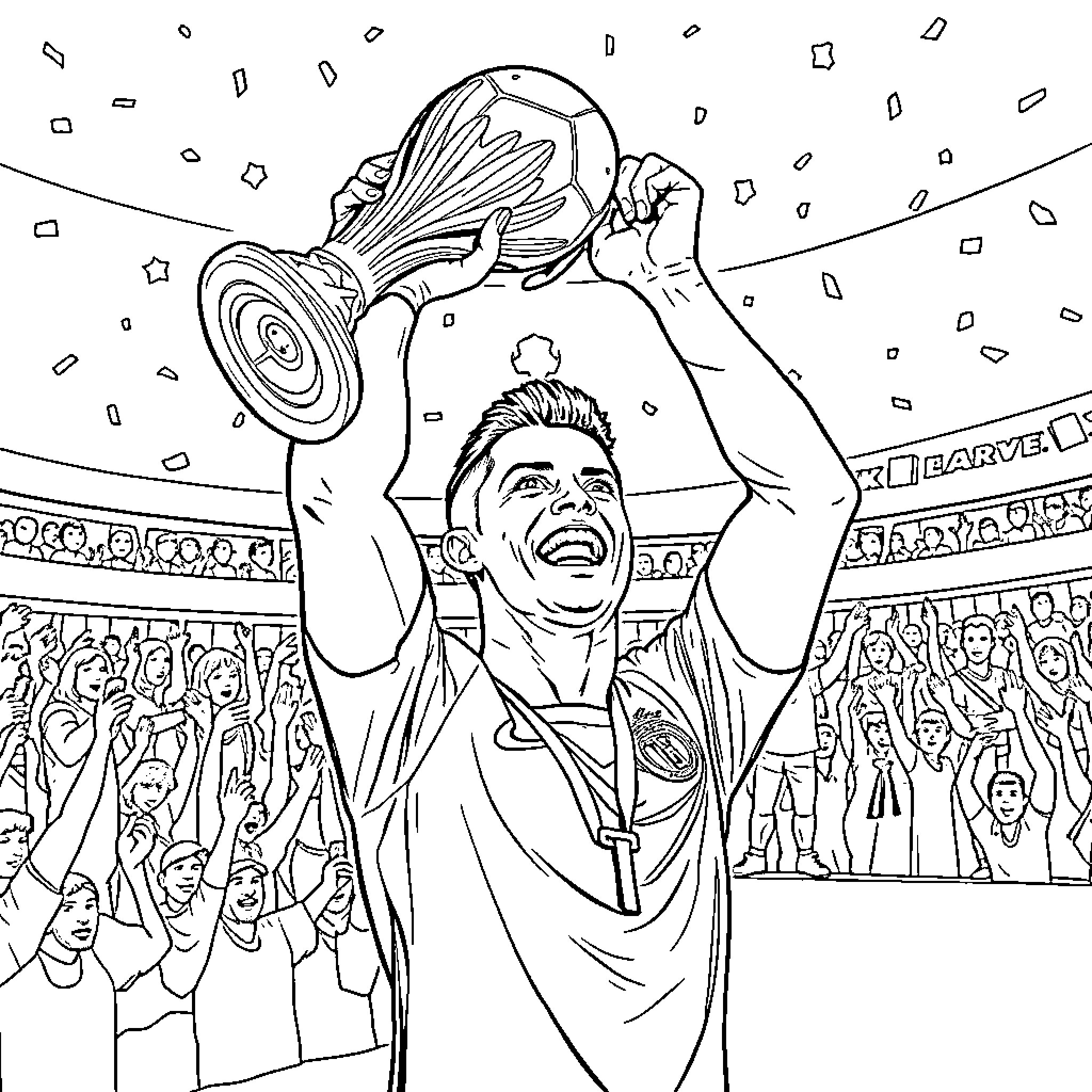 Cristiano Ronaldo celebrates winning trophy with fans Coloring Page (free black-and-white line drawing printable PDF for all, from beginners to advanced learners, including children, teens, adults, and seniors)