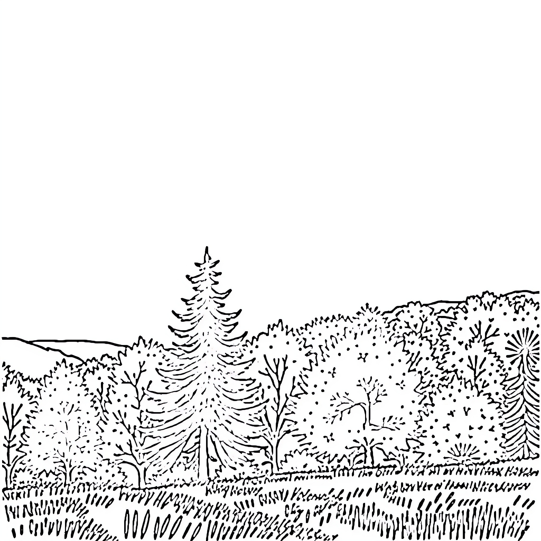 Aesthetic Serene Forest Landscape Coloring Page (free black-and-white line drawing printable PDF for all, from beginners to advanced learners, including children, teens, adults, and seniors)