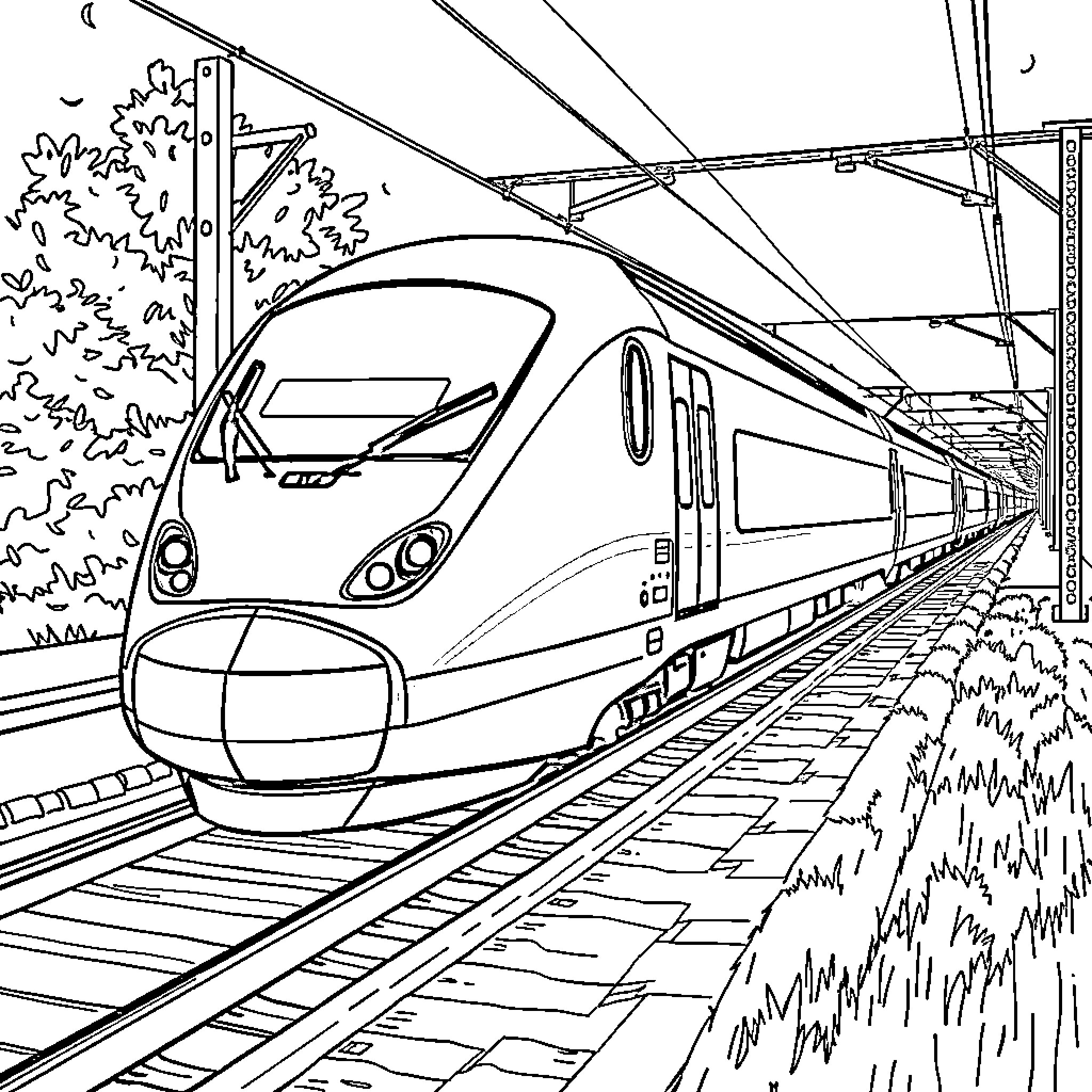 TGV train speeding through the countryside Coloring Page (free black-and-white line drawing printable PDF for all, from beginners to advanced learners, including children, teens, adults, and seniors)