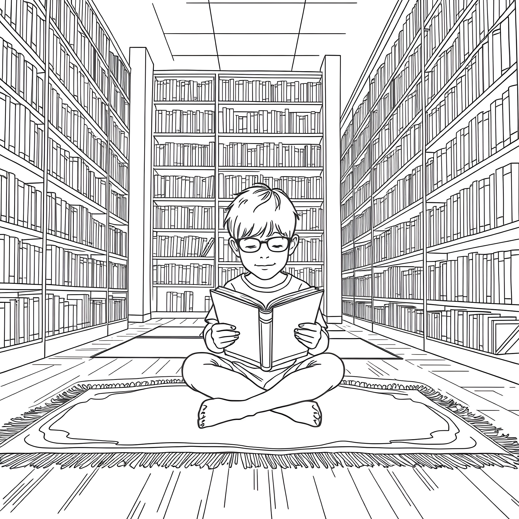 Boy reading intently in the library Coloring Page (free black-and-white line drawing printable PDF for all, from beginners to advanced learners, including children, teens, adults, and seniors)