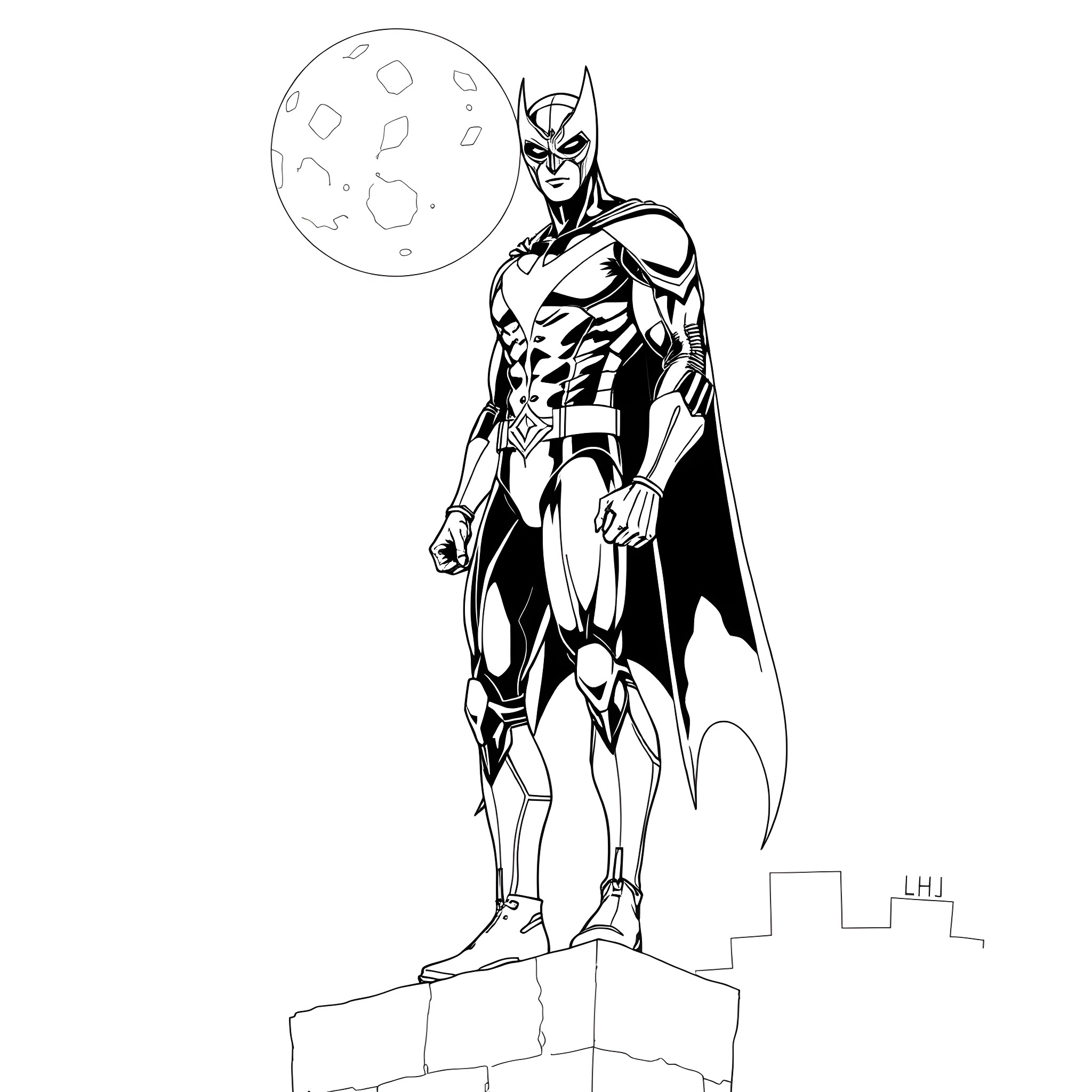 Moonwing hero standing strong against the night sky Coloring Page (free black-and-white line drawing printable PDF for all, from beginners to advanced learners, including children, teens, adults, and seniors)