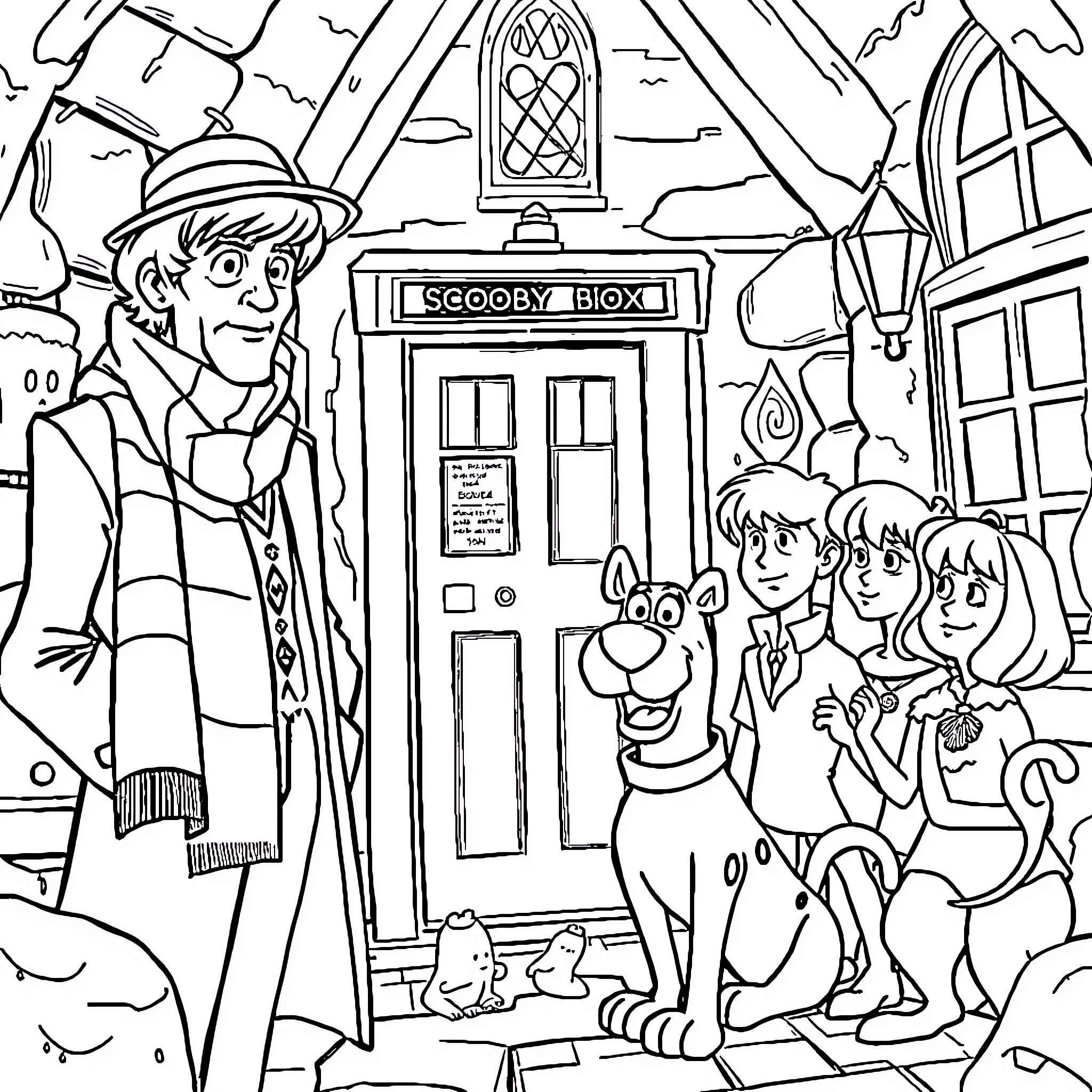 Doctor Who and Friends Explore the Scooby Box Coloring Page (free black-and-white line drawing printable PDF for all, from beginners to advanced learners, including children, teens, adults, and seniors)