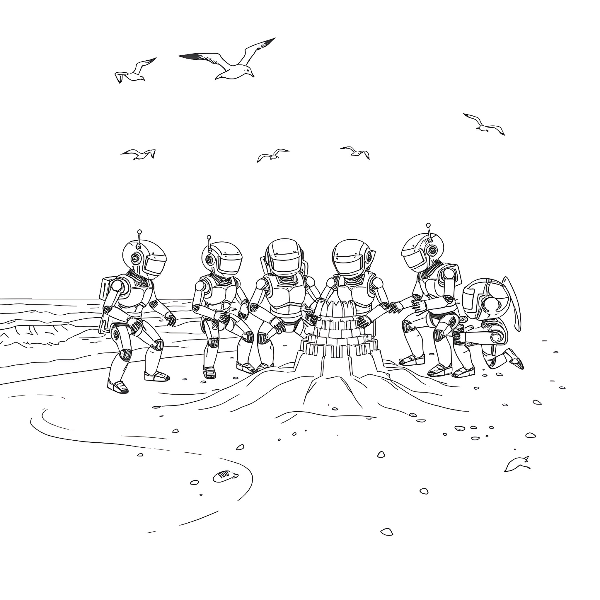 Robot soldiers standing on the beach Coloring Page (free black-and-white line drawing printable PDF for all, from beginners to advanced learners, including children, teens, adults, and seniors)