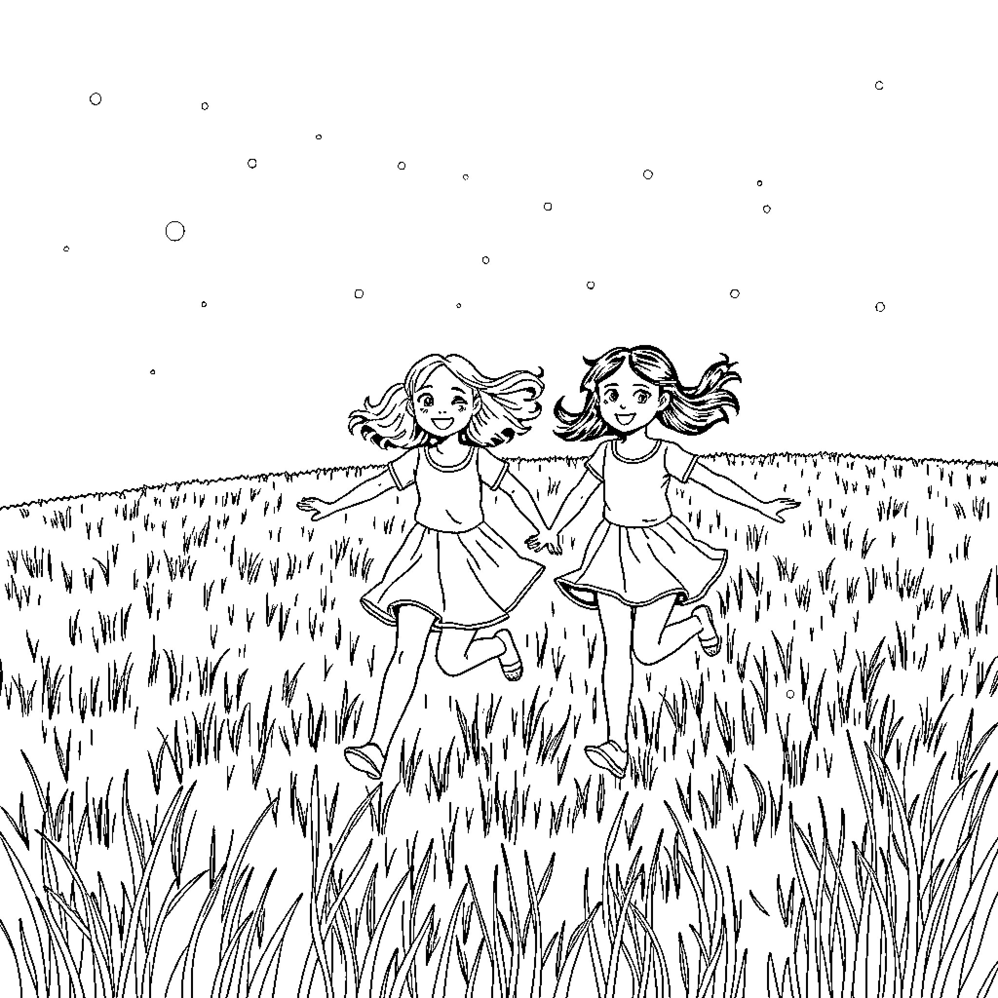 Girls joyfully running in a grassy field Coloring Page (free black-and-white line drawing printable PDF for all, from beginners to advanced learners, including children, teens, adults, and seniors)